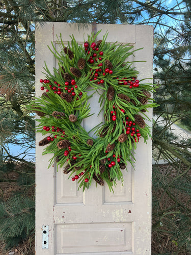 Oval Farmhouse Christmas Wreath with Red Berries