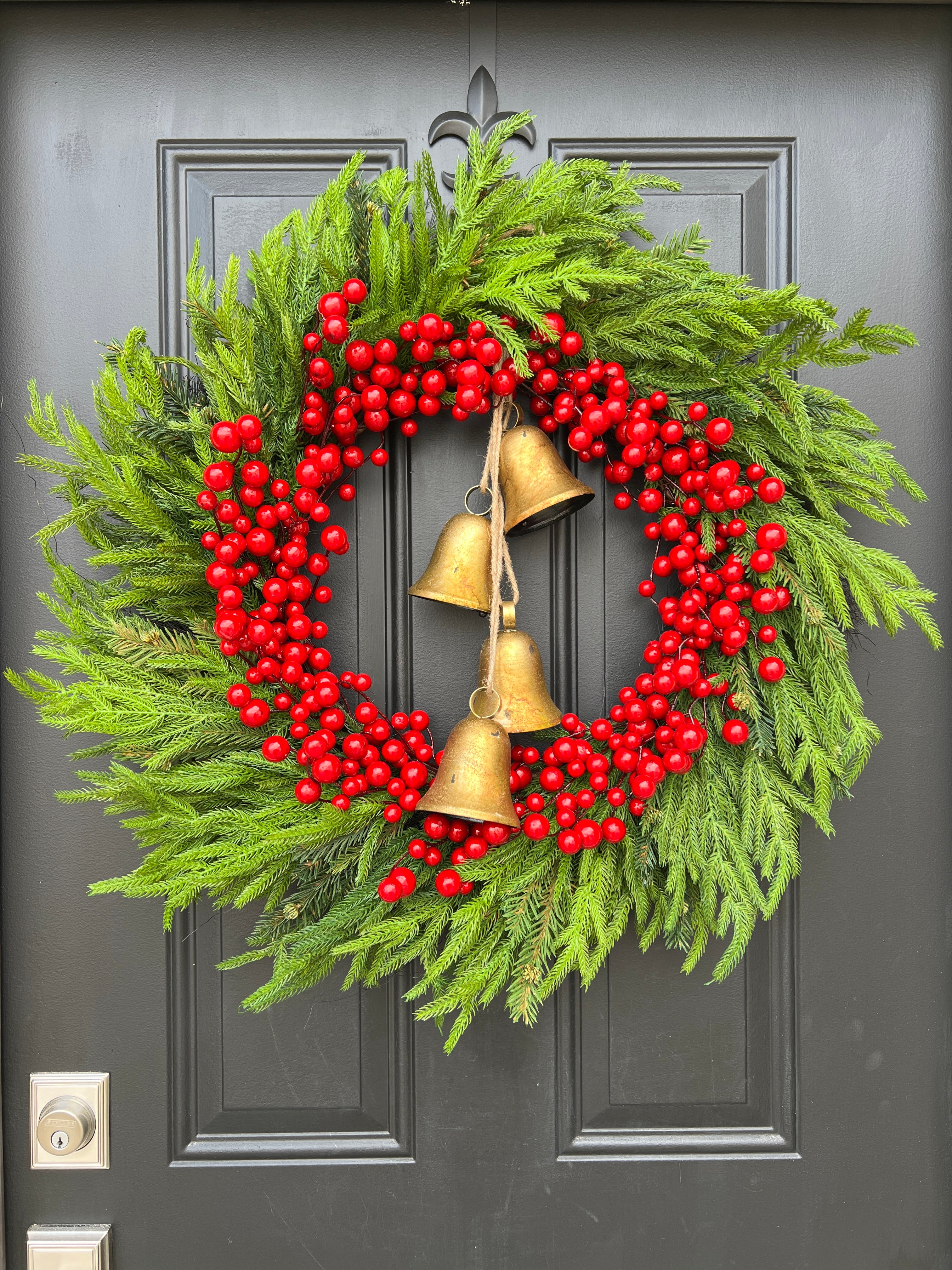 Red Berry & Norfolk Pine Wreath, Christmas Wreath with Gold Bells