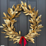 Gold Bay Leaf Wreath with Red Velvet Ribbon | Holiday Door Decor - TwoInspireYou