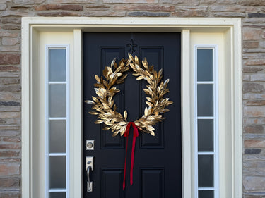 Gold Bay Leaf Wreath with Red Velvet Ribbon | Holiday Door Decor - TwoInspireYou
