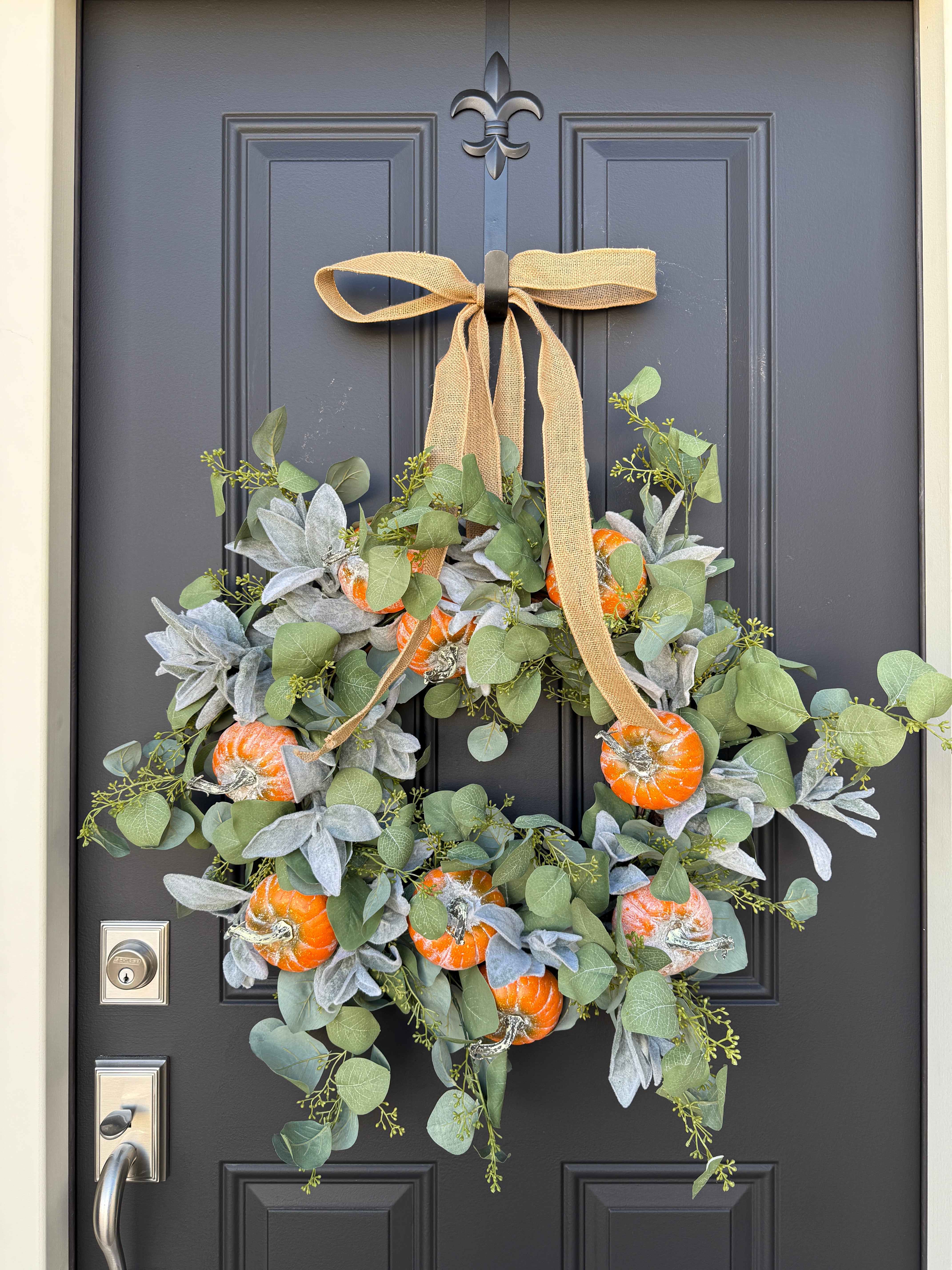 Pumpkin, Eucalyptus & Lamb’s Ear Wreath – Farmhouse Fall Door Décor