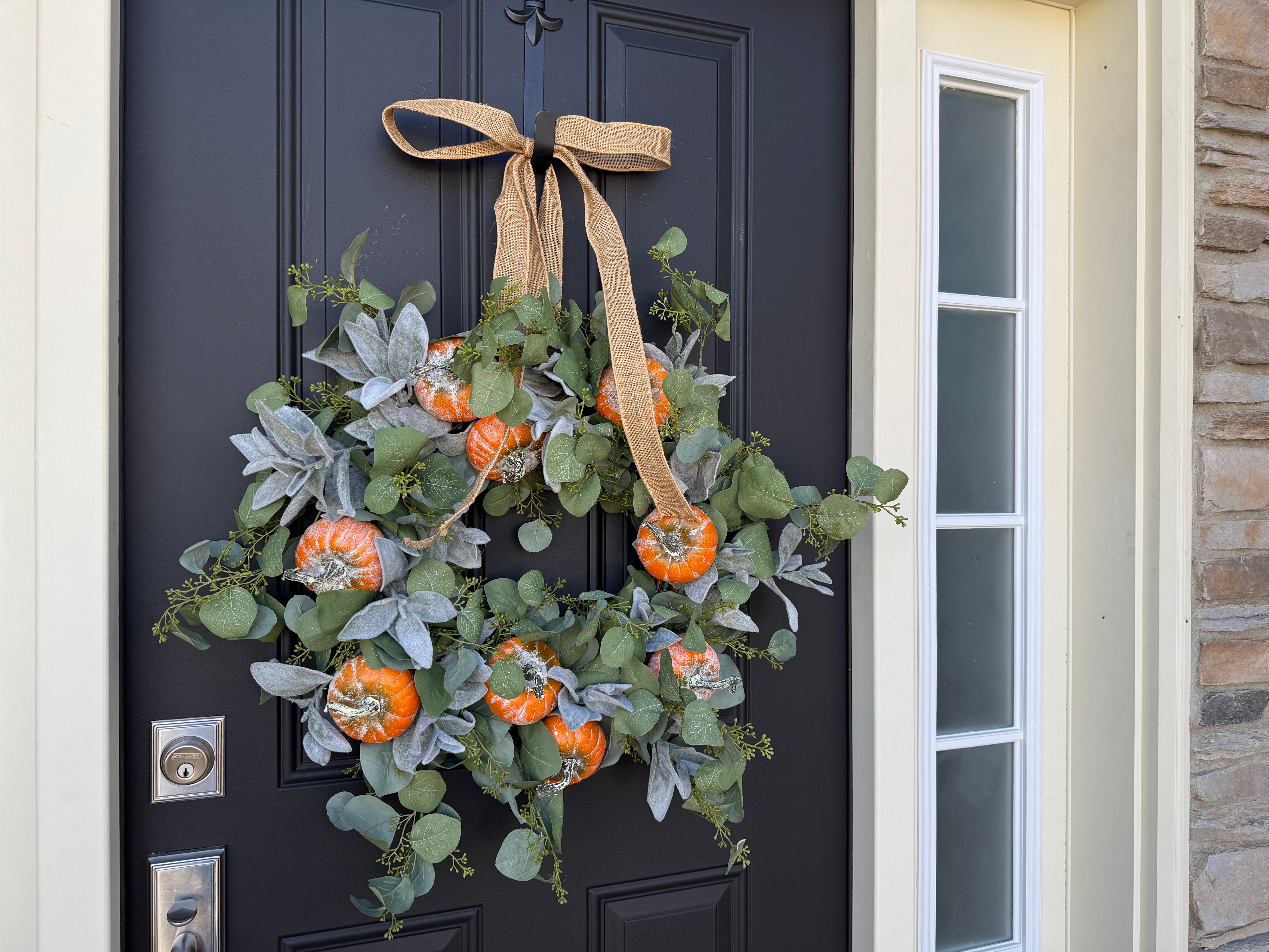 Pumpkin, Eucalyptus & Lamb’s Ear Wreath – Farmhouse Fall Door Décor