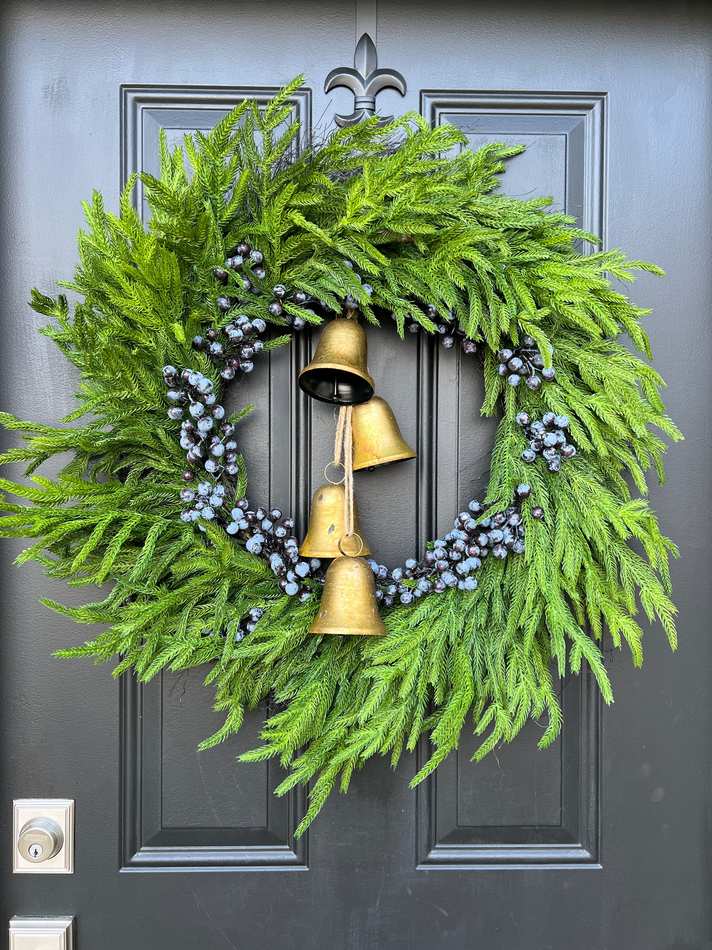 Blue Berry & Norfolk Pine Wreath, Winter Wreath with Gold Bells