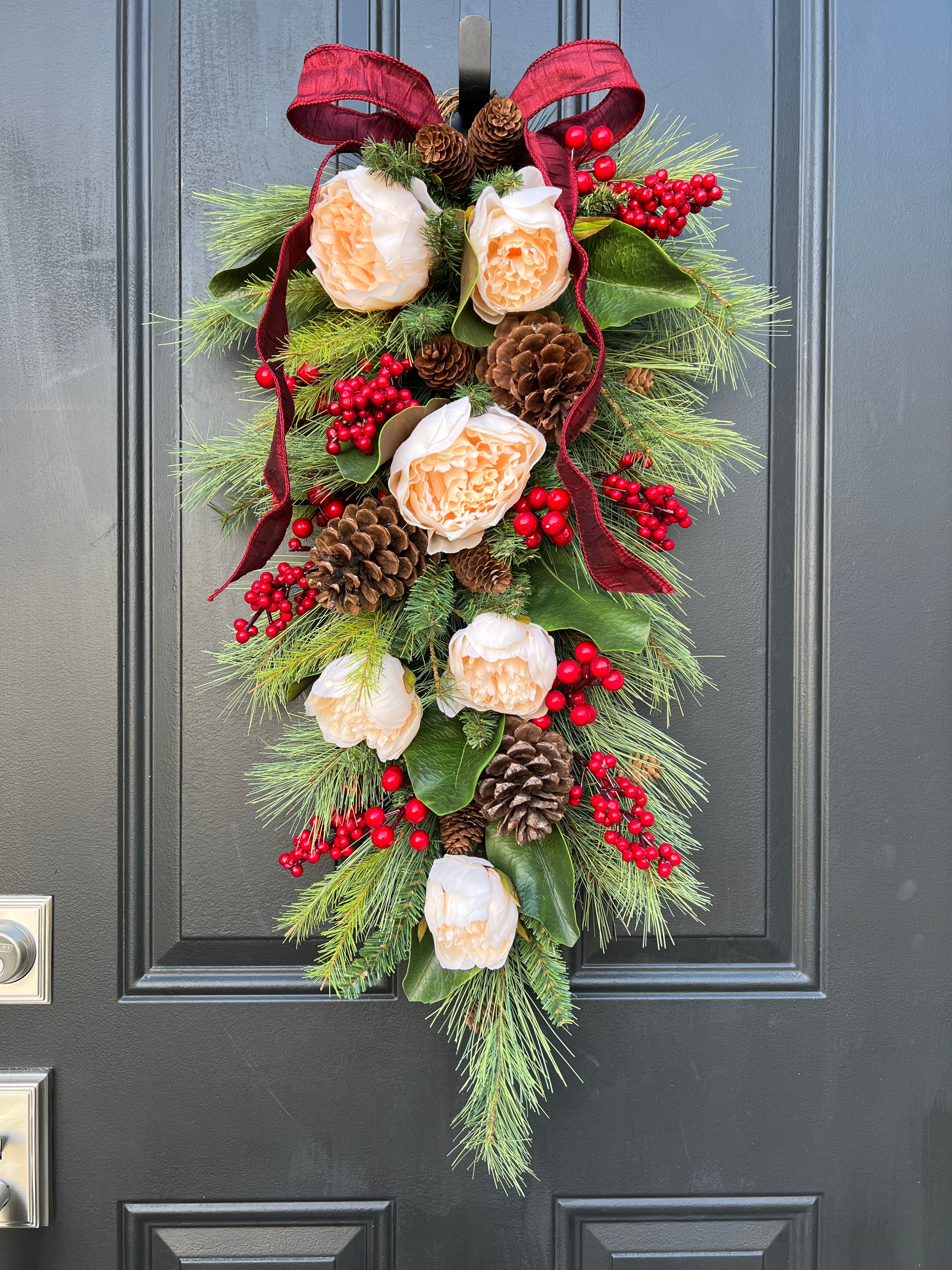 Pine Teardrop Wreath with Magnolia Leaves & Cream Peonies