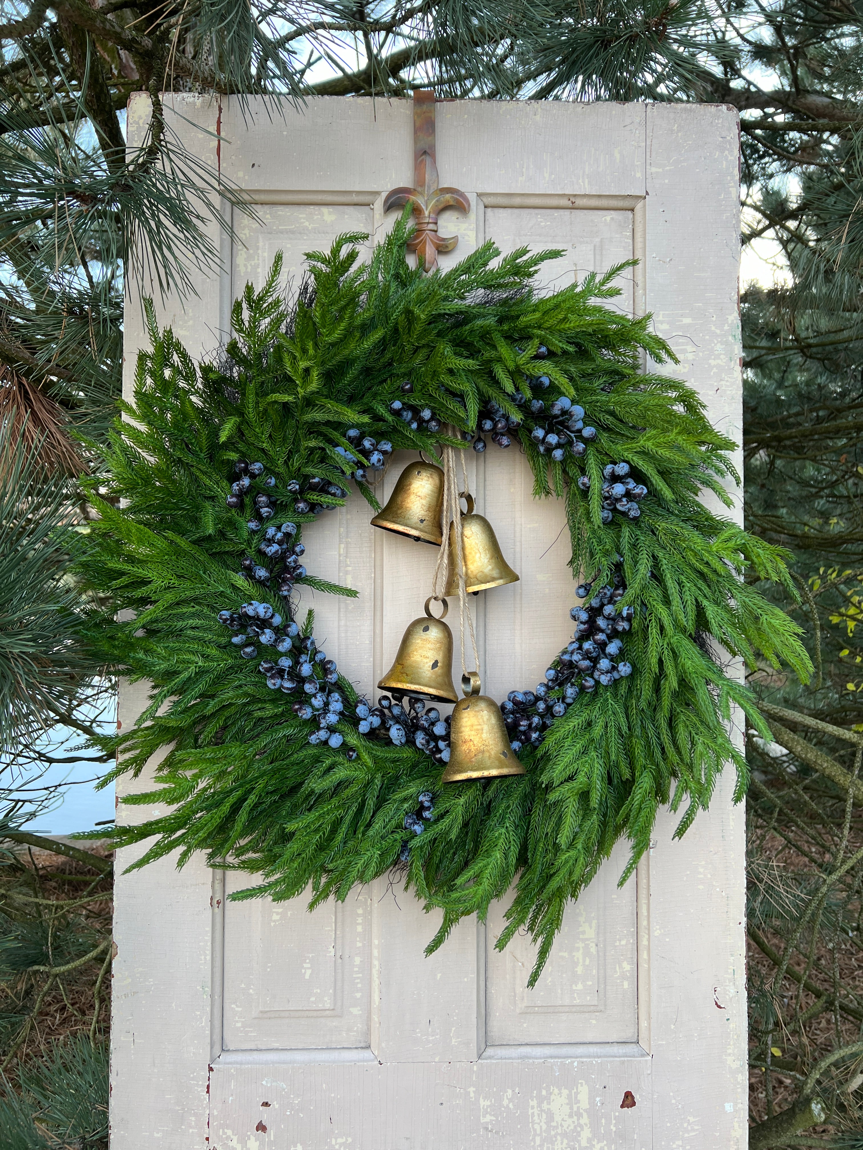 Blue Berry & Norfolk Pine Wreath, Winter Wreath with Gold Bells