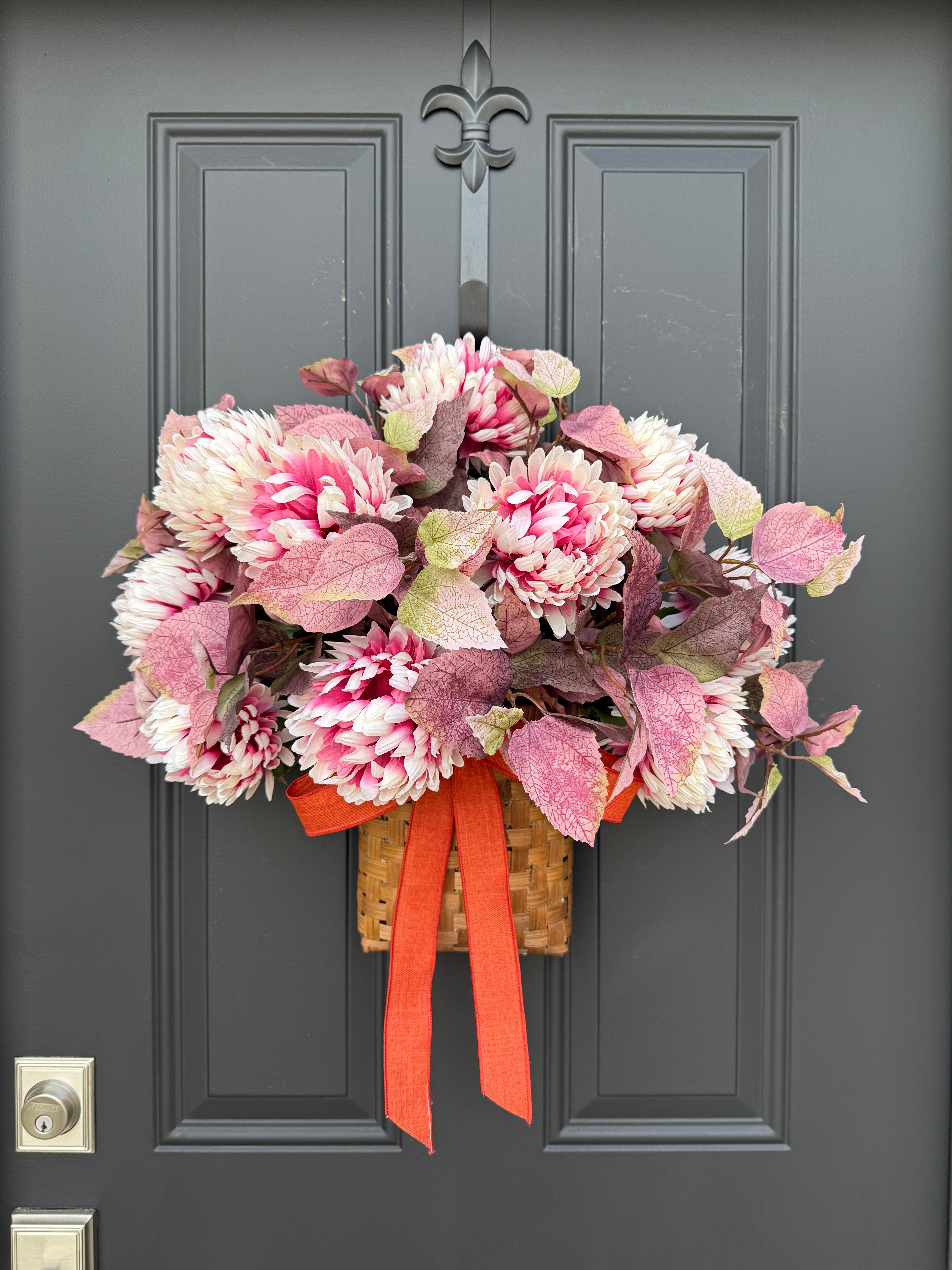 Fall Pink Mum Basket with Purple Leaves and Orange Ribbon – Front Door Décor