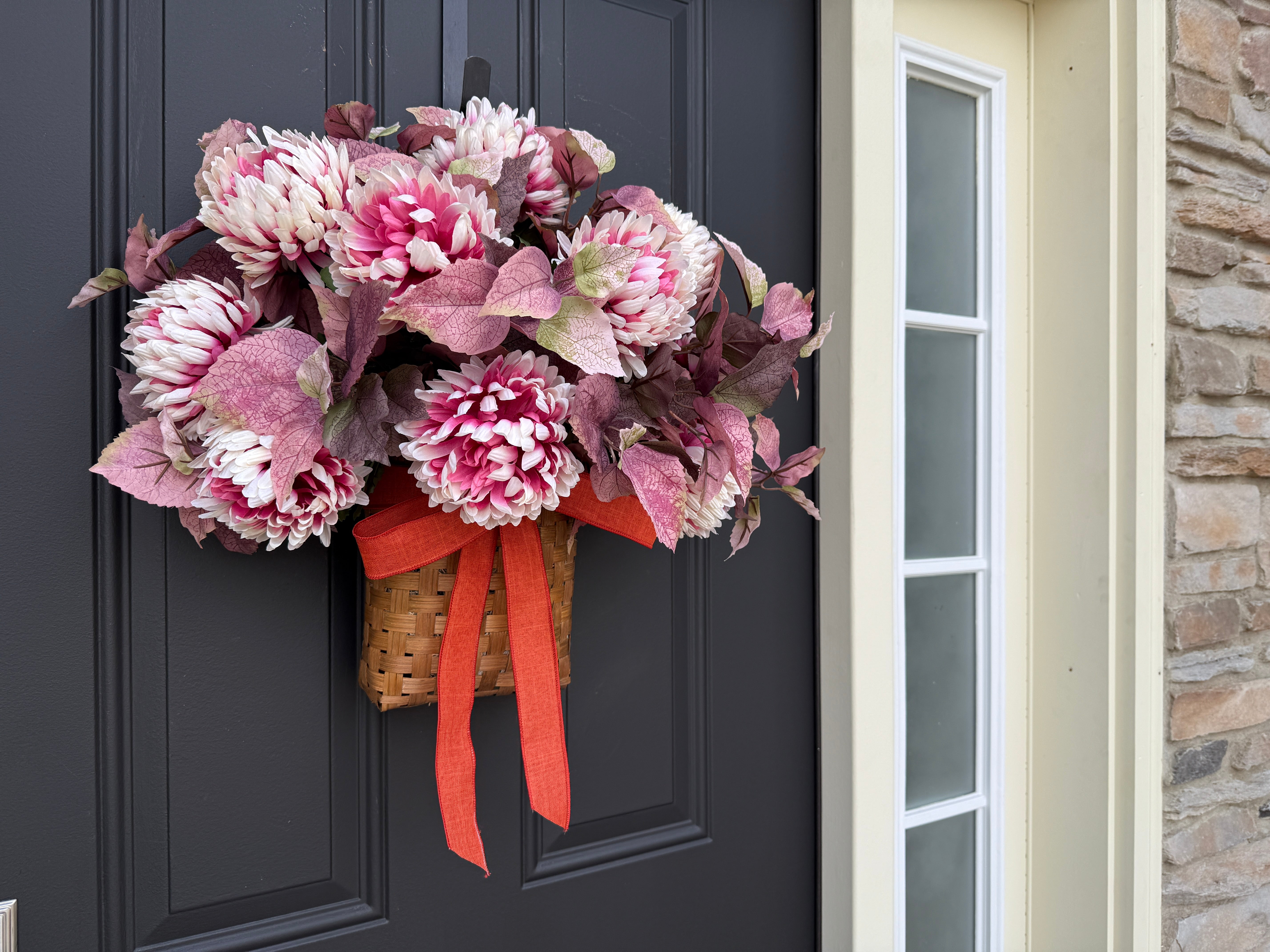Fall Pink Mum Basket with Purple Leaves and Orange Ribbon – Front Door Décor