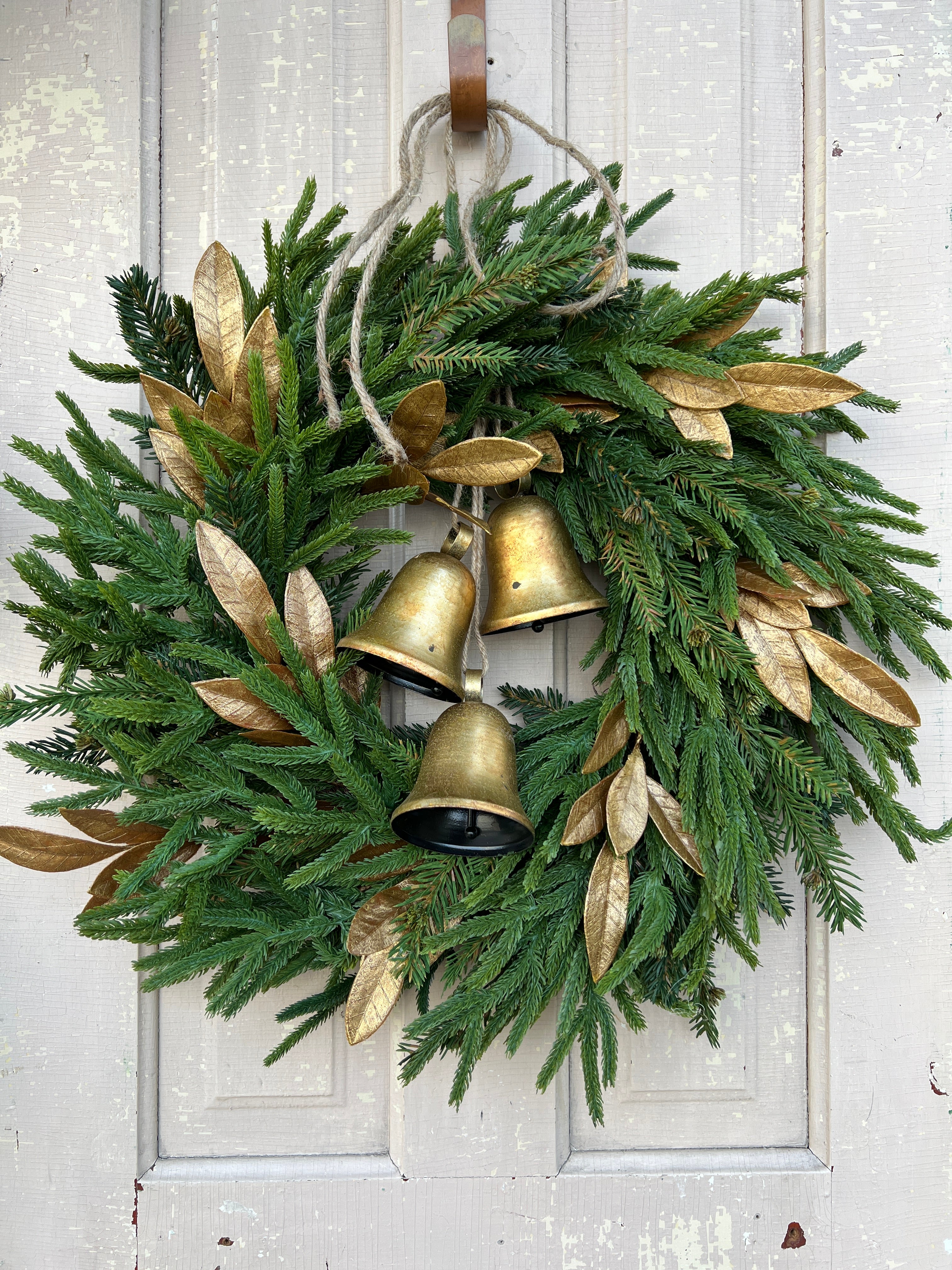 Festive Norfolk Pine Wreath with Gold Bells