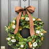 Blue Magnolia Wreath with Blue Berries and Brown Linen Ribbon - TwoInspireYou
