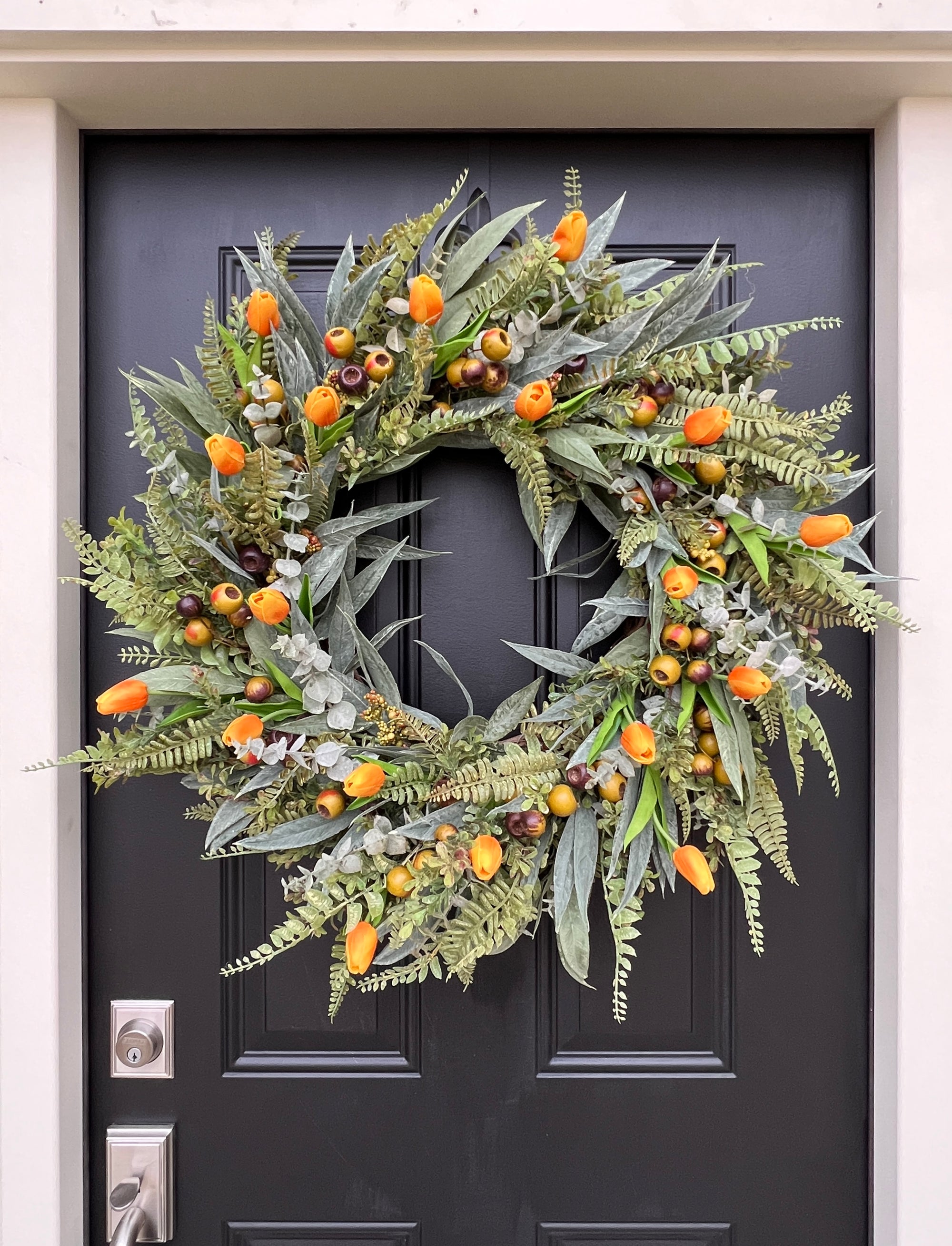 Spring XL Natural Touch Orange Tulips, Bay Leaf and Eucalyptus Wreath
