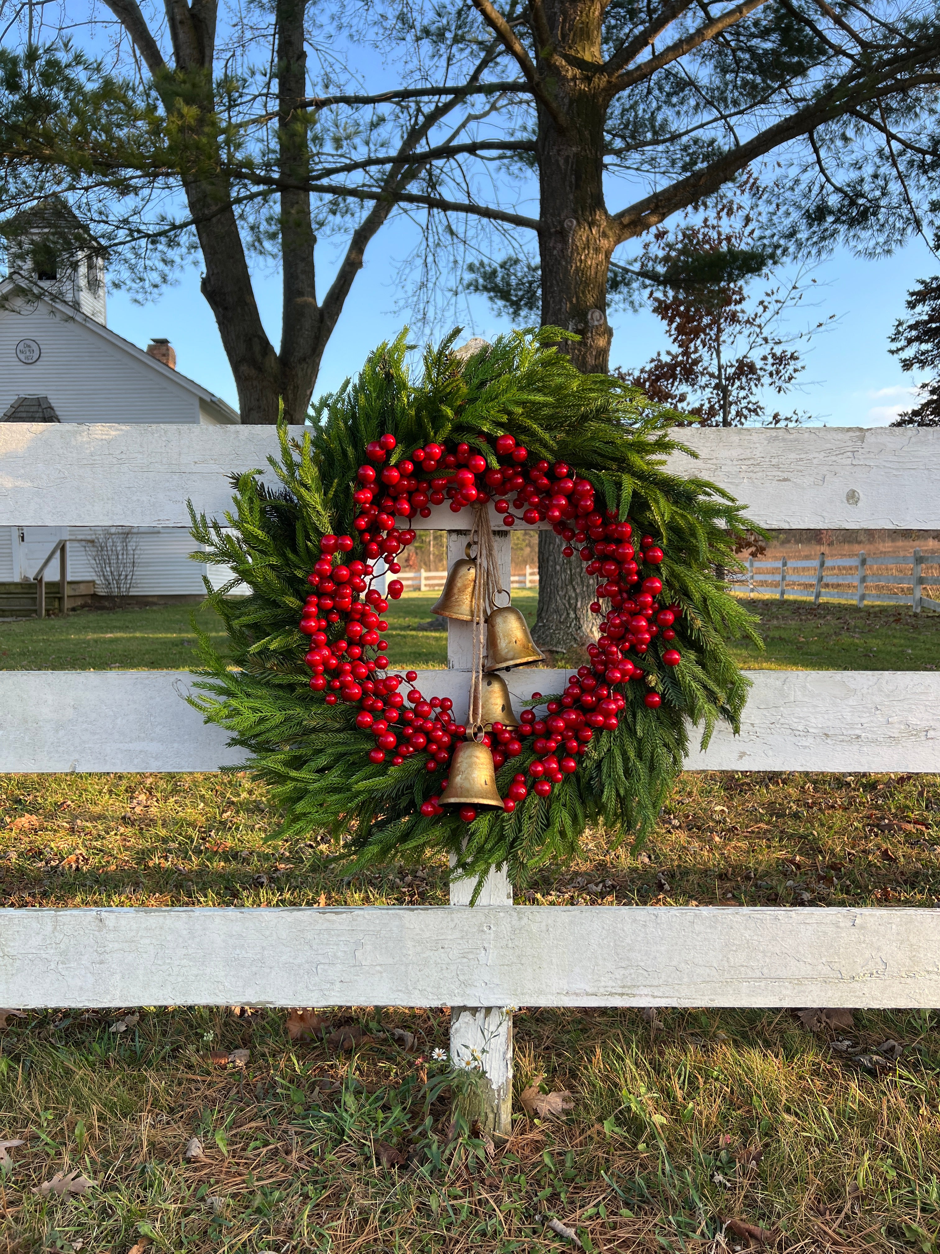 Red Berry & Norfolk Pine Wreath, Christmas Wreath with Gold Bells