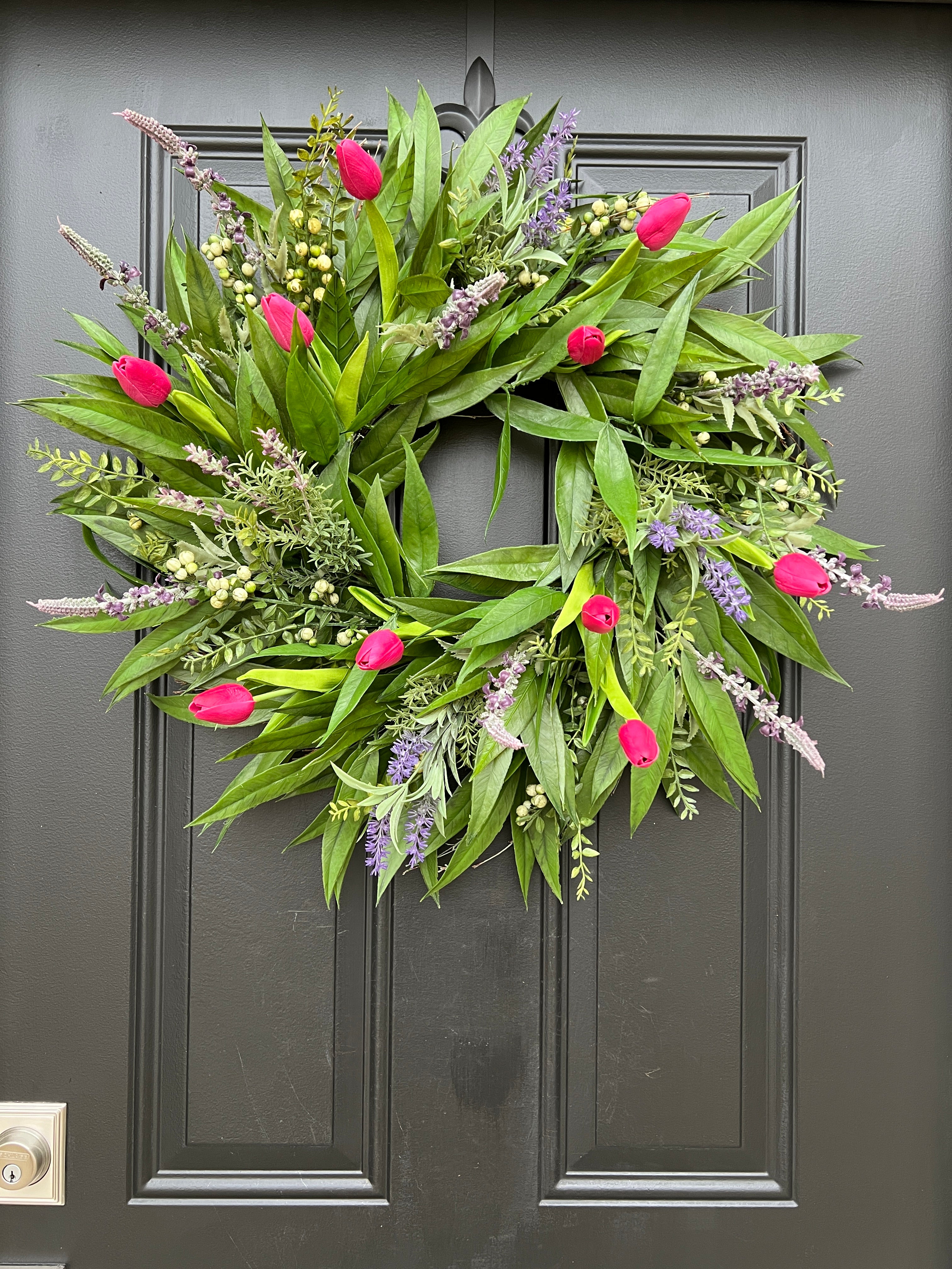 Natural Touch Pink Tulip Wreath and Bay Leaf Greenery