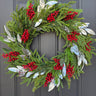 Norfolk Pine and Silver Bay Leaf Christmas Wreath | Red Berry Holiday Door Décor - TwoInspireYou