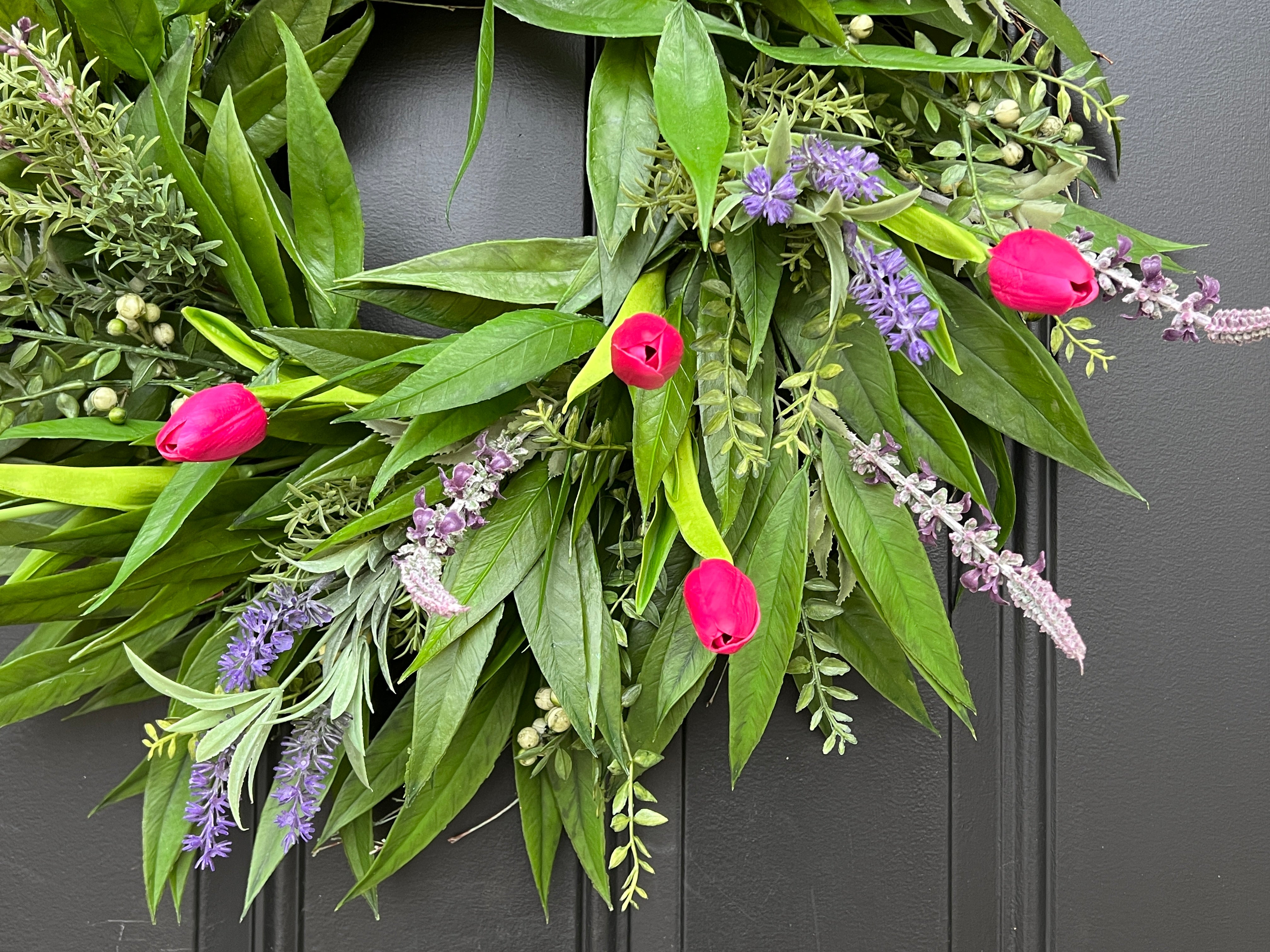 Natural Touch Pink Tulip Wreath and Bay Leaf Greenery