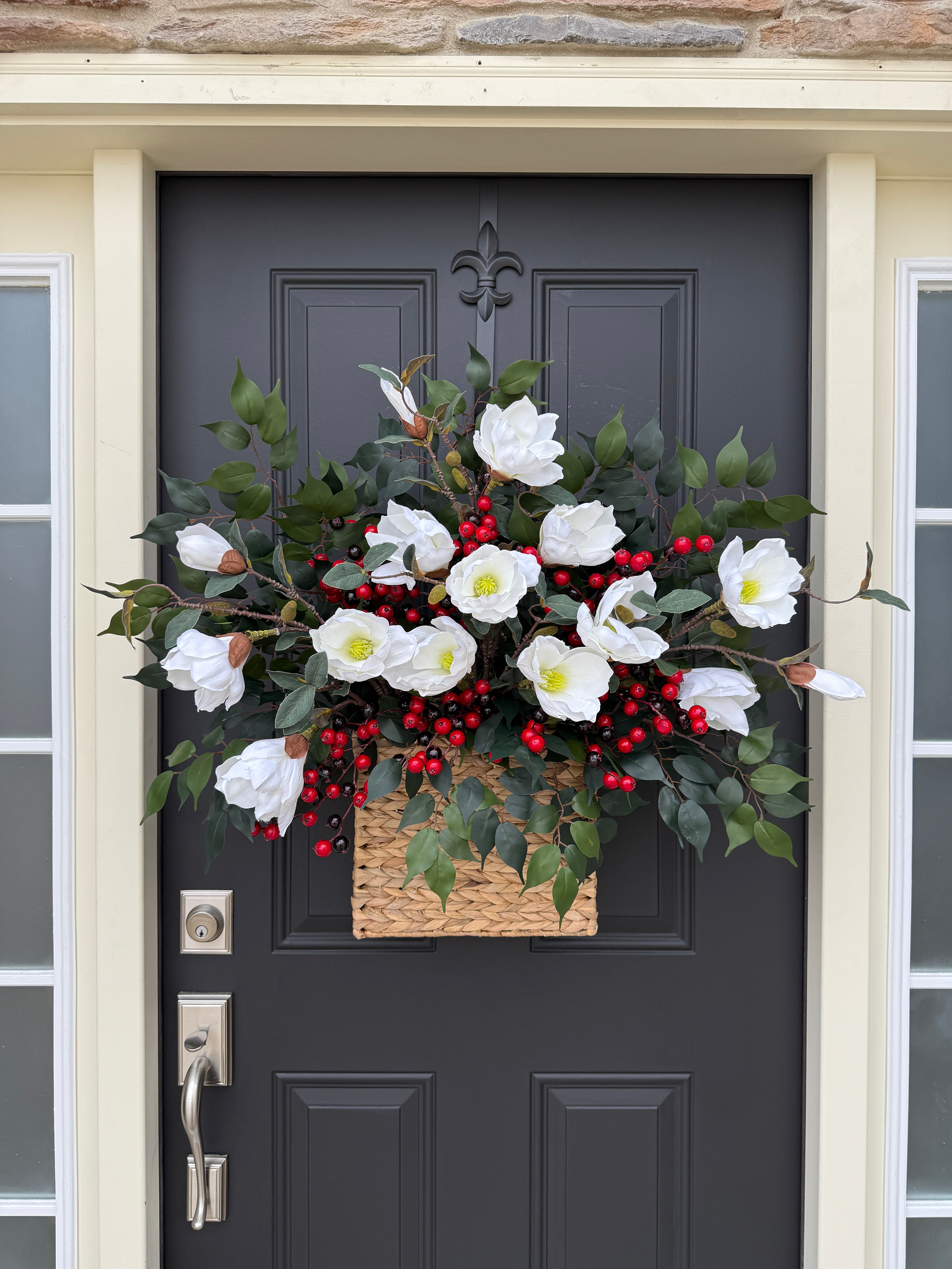 Magnolia and Berry Christmas Door Basket | White Magnolia Holiday Arrangement