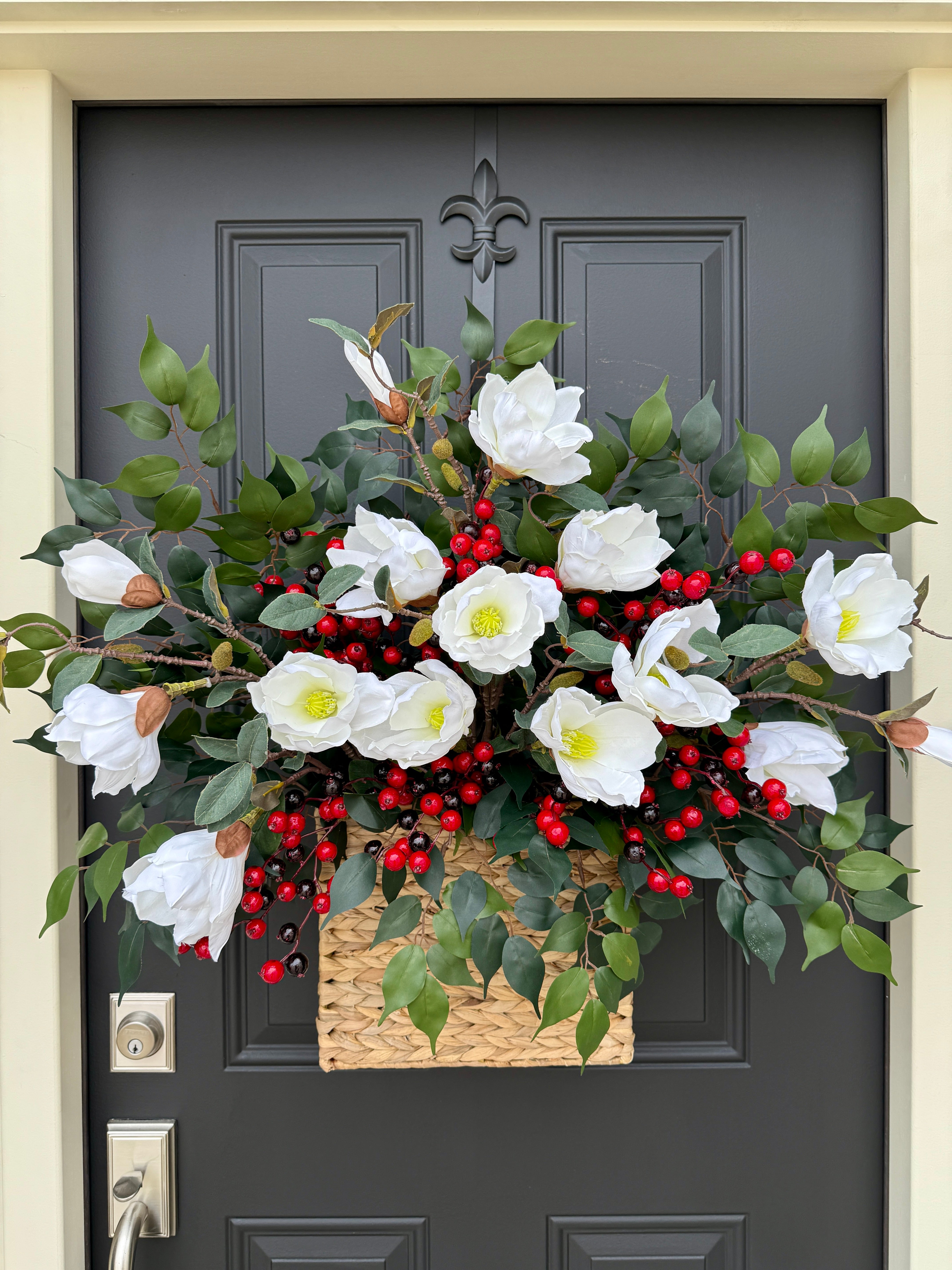 Magnolia and Berry Christmas Door Basket | White Magnolia Holiday Arrangement