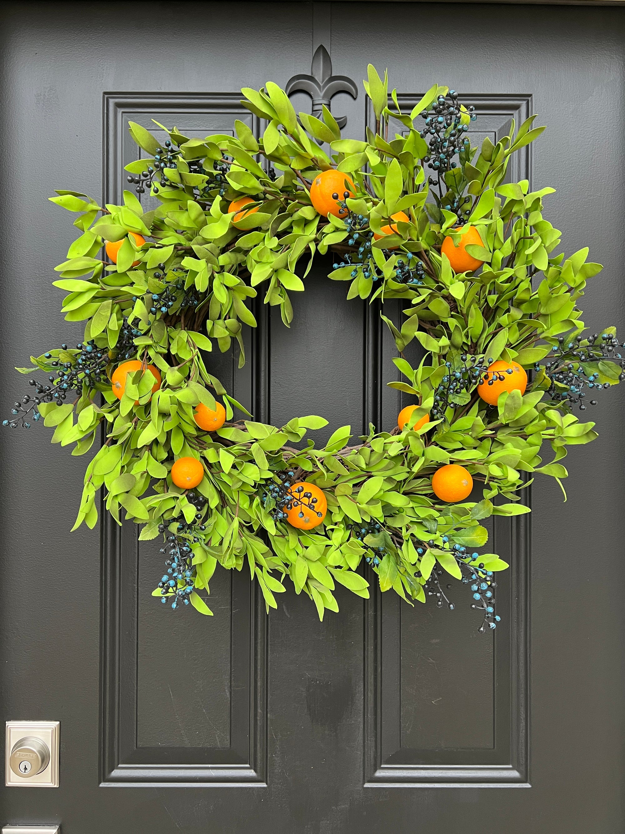 Summer Boxwood and Orange Wreath with Blueberries, Festive Summer Wreaths