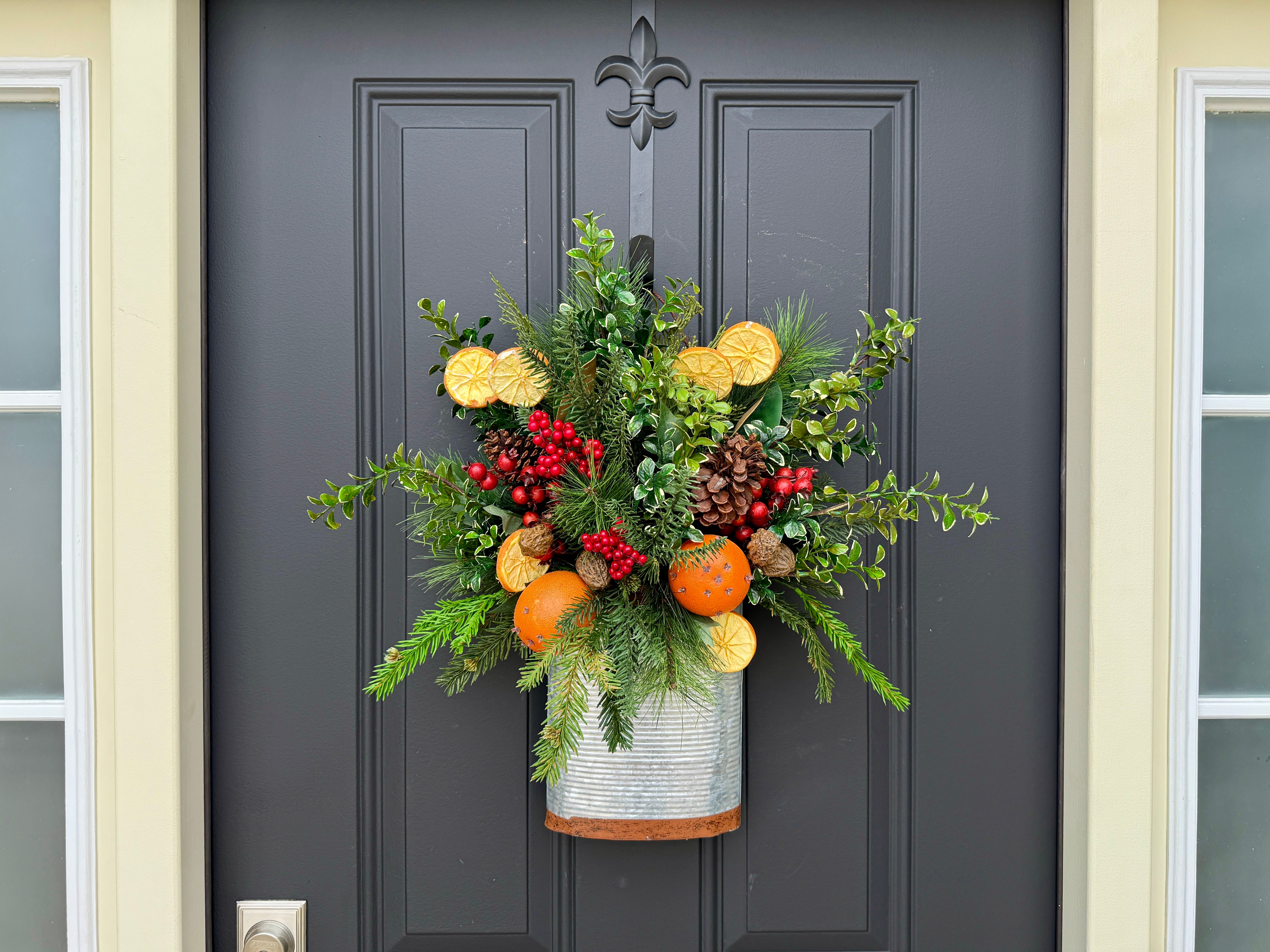 Colonial Christmas Bucket Arrangement | Williamsburg Inspired Thanksgiving Door Décor