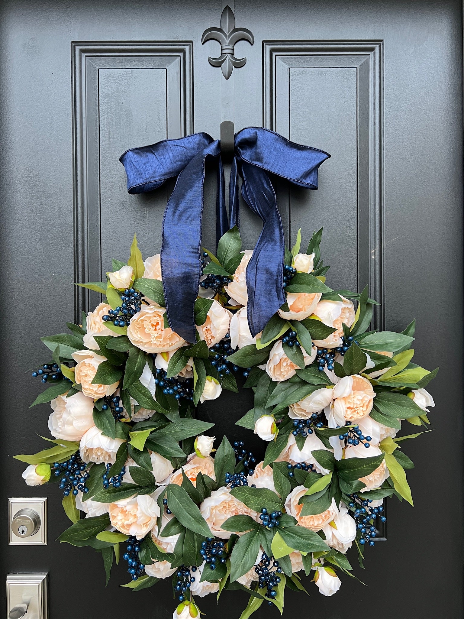 Winter Cream Peony Wreath with Blue Berries