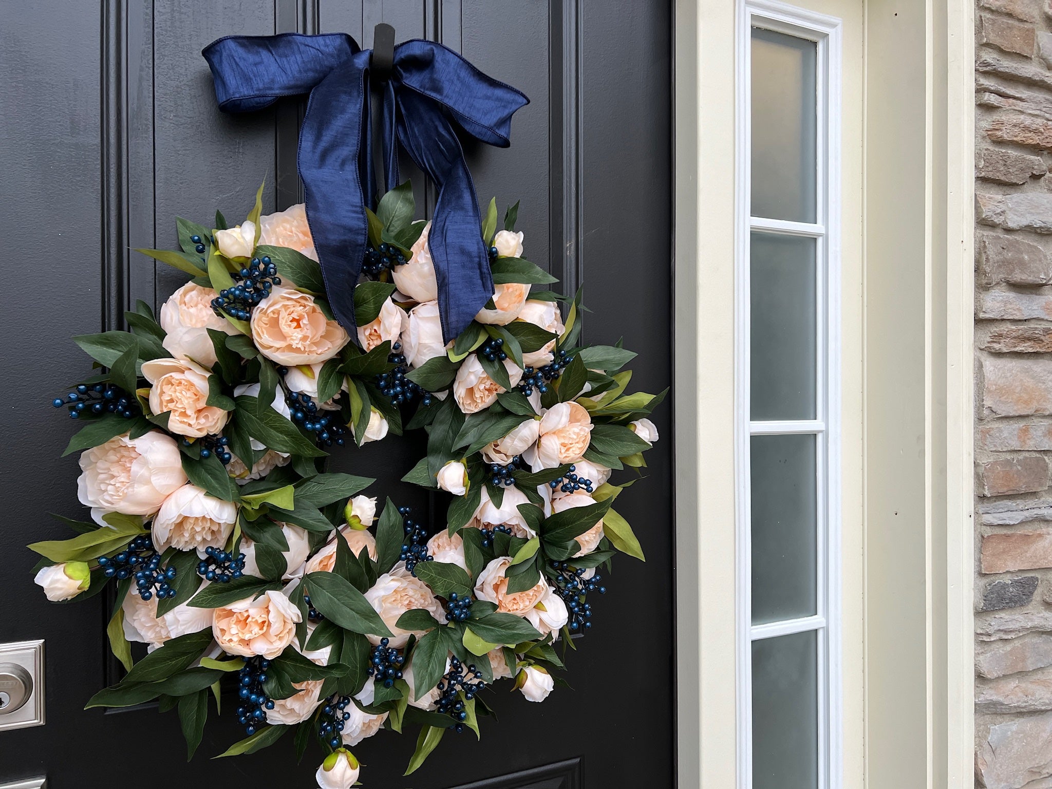 Winter Cream Peony Wreath with Blue Berries