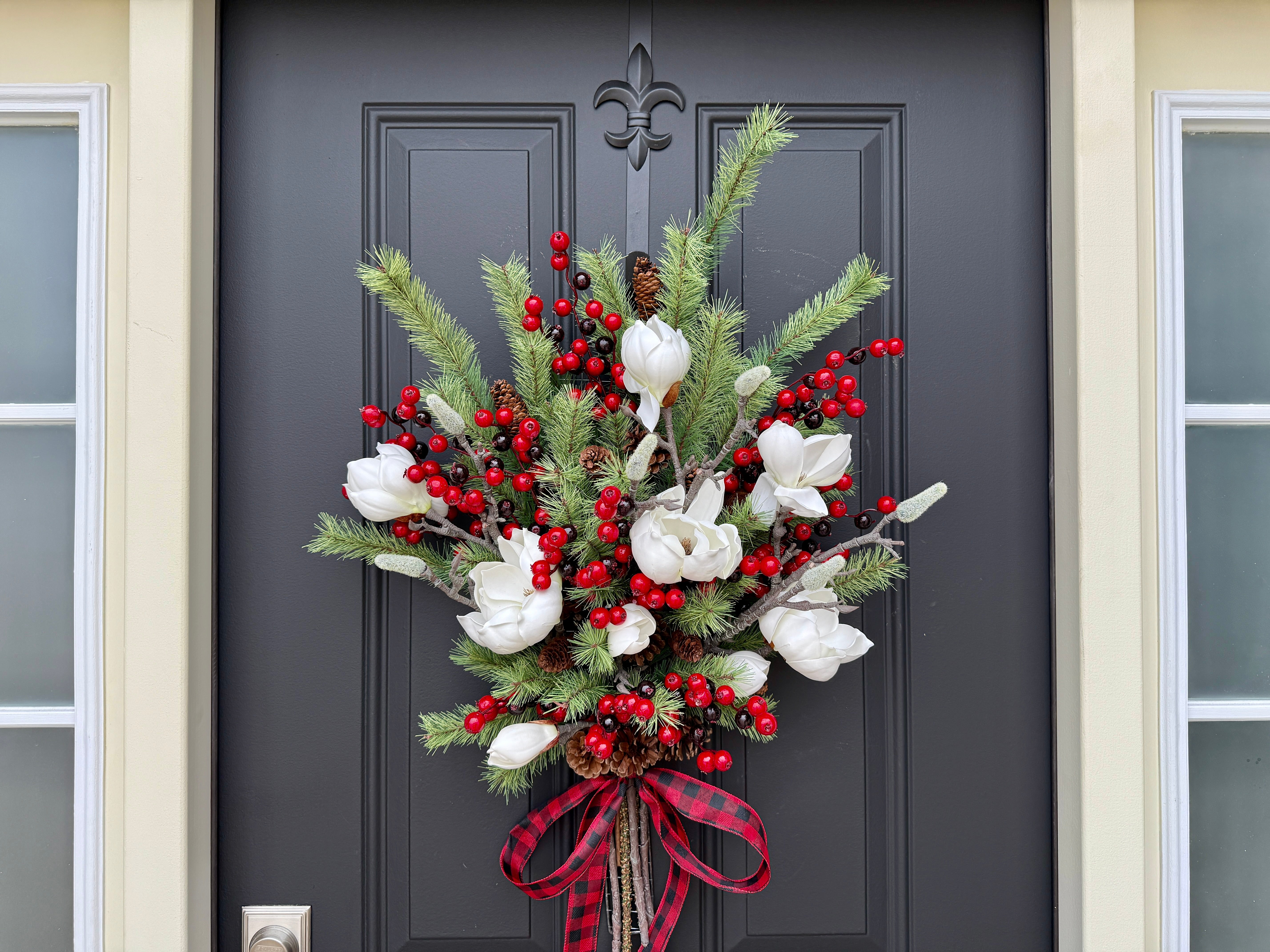 Magnolia Christmas Swag with Pine and Red Berries | Handmade Holiday Décor