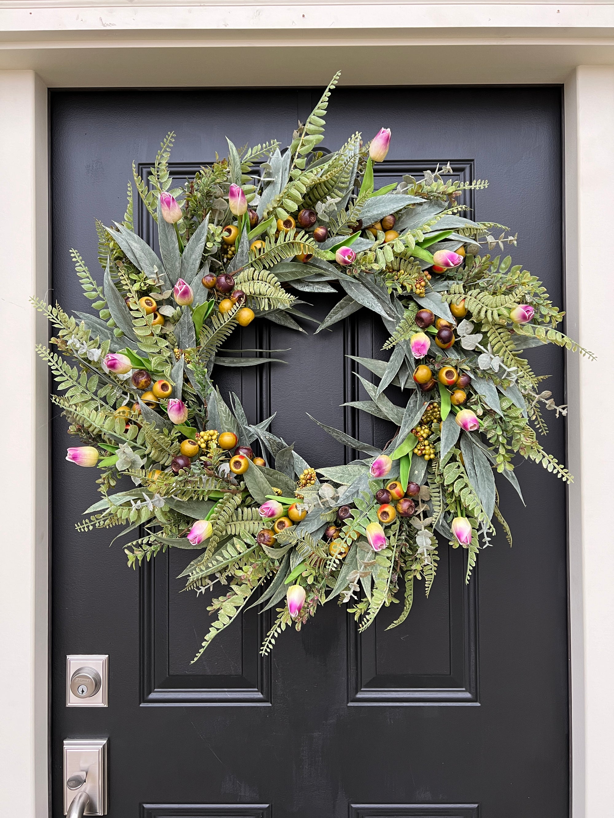 Large Bay Leaf and Eucalyptus Wreath with Purple Tulips