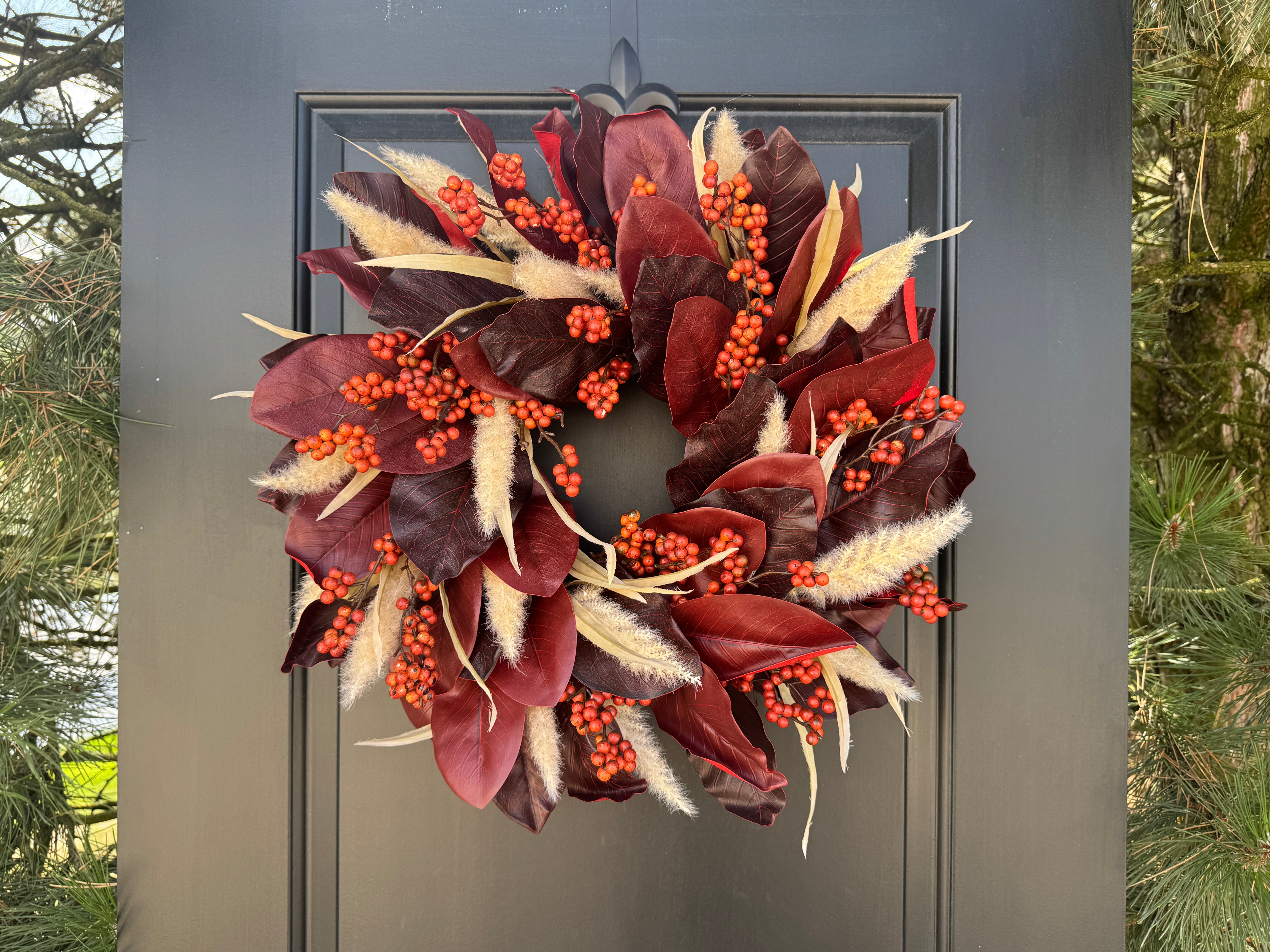 Red Magnolia & Pampas Grass Wreath – Rustic Fall Front Door Decoration - TwoInspireYou