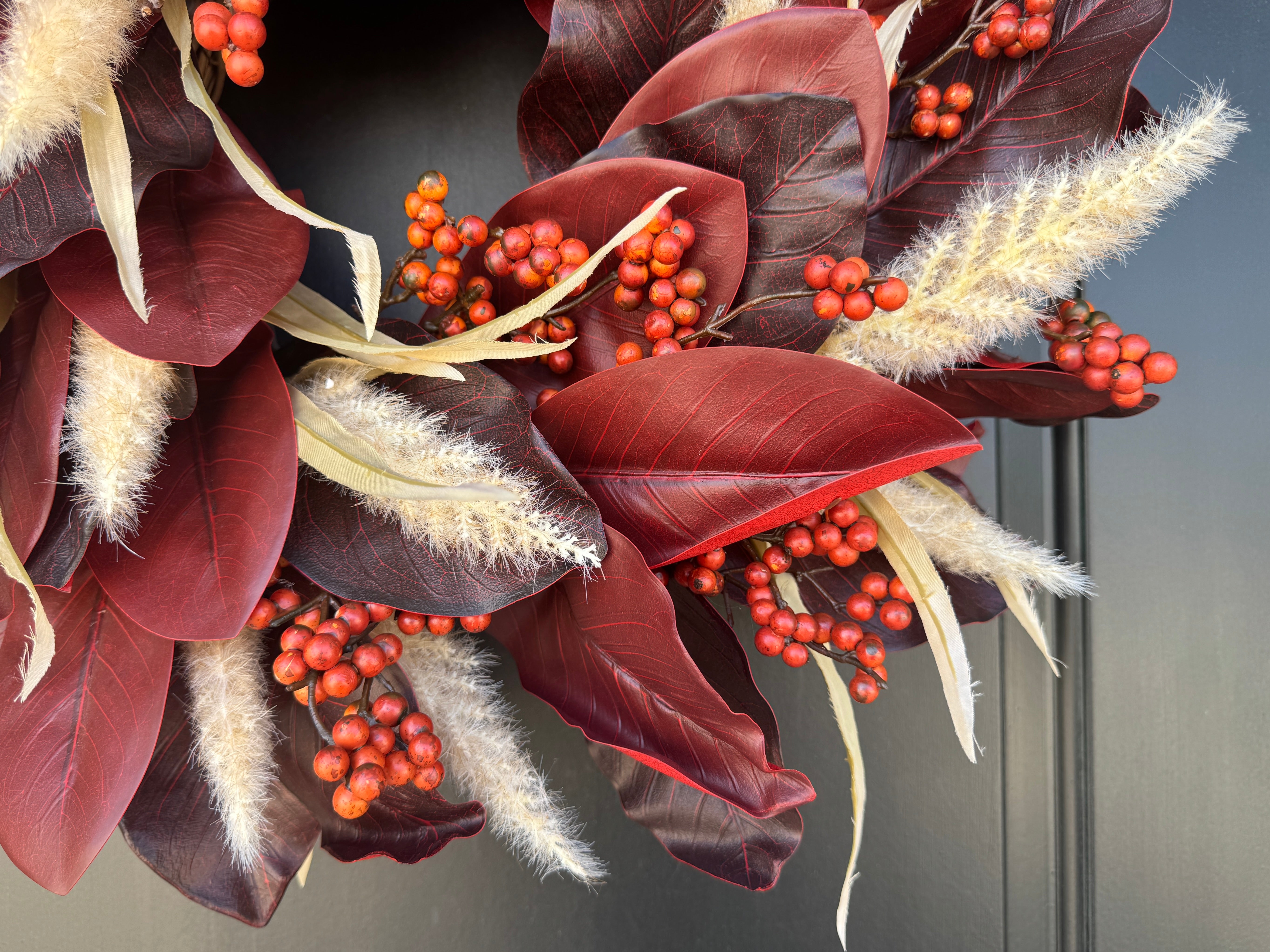 Red Magnolia & Pampas Grass Wreath – Rustic Fall Front Door Decoration - TwoInspireYou