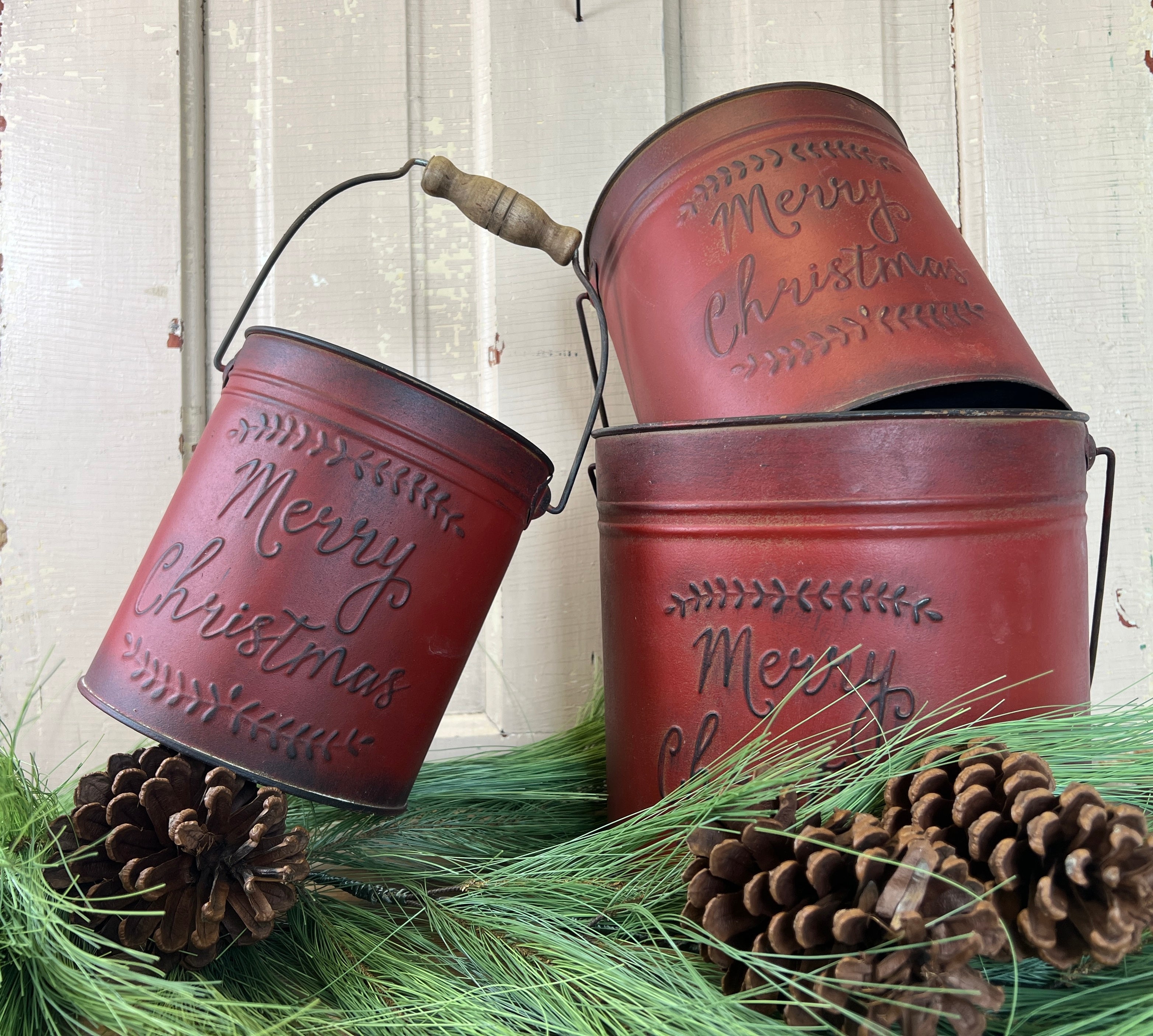 Trio of Red Merry Christmas Buckets