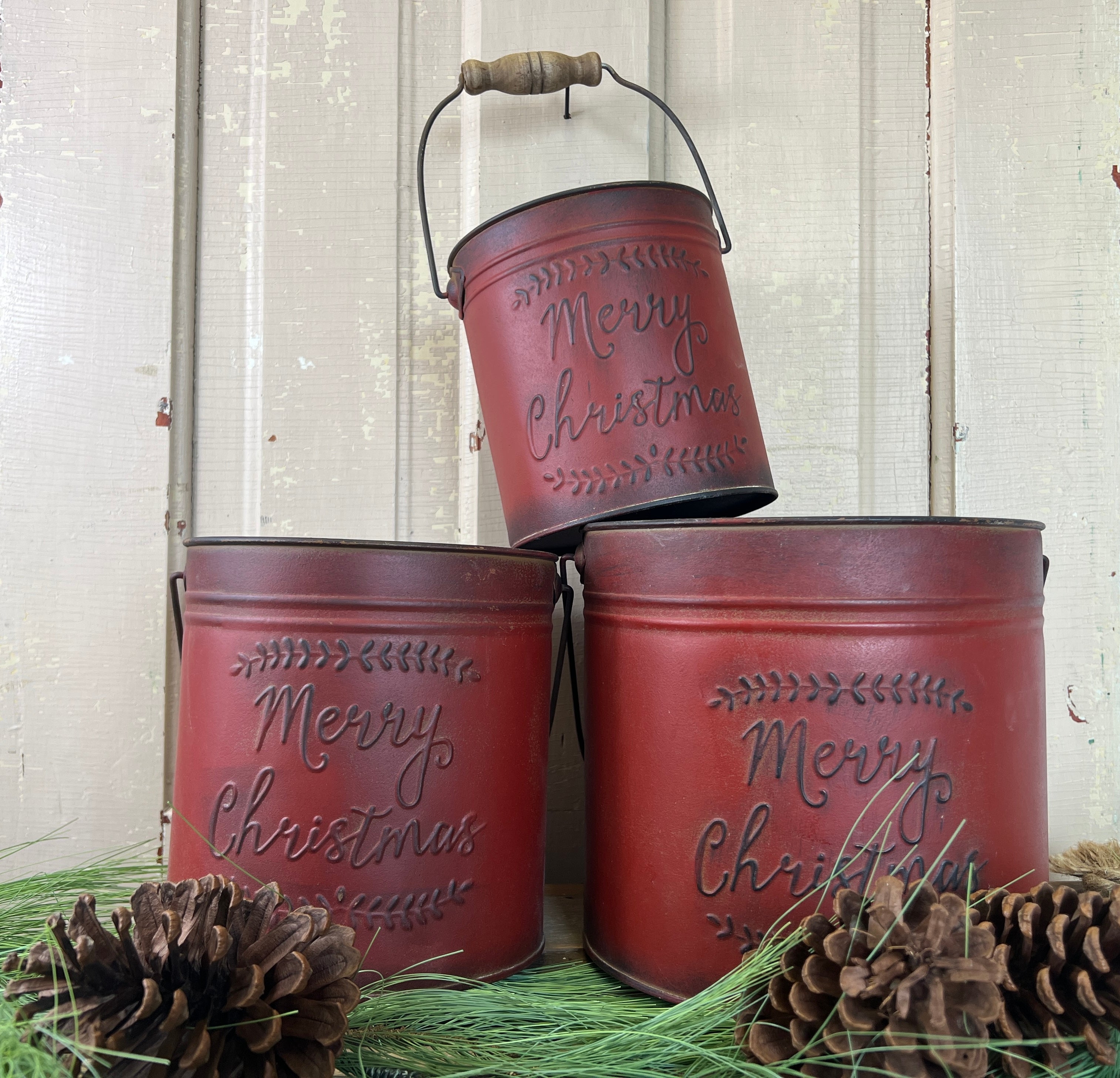 Trio of Red Merry Christmas Buckets