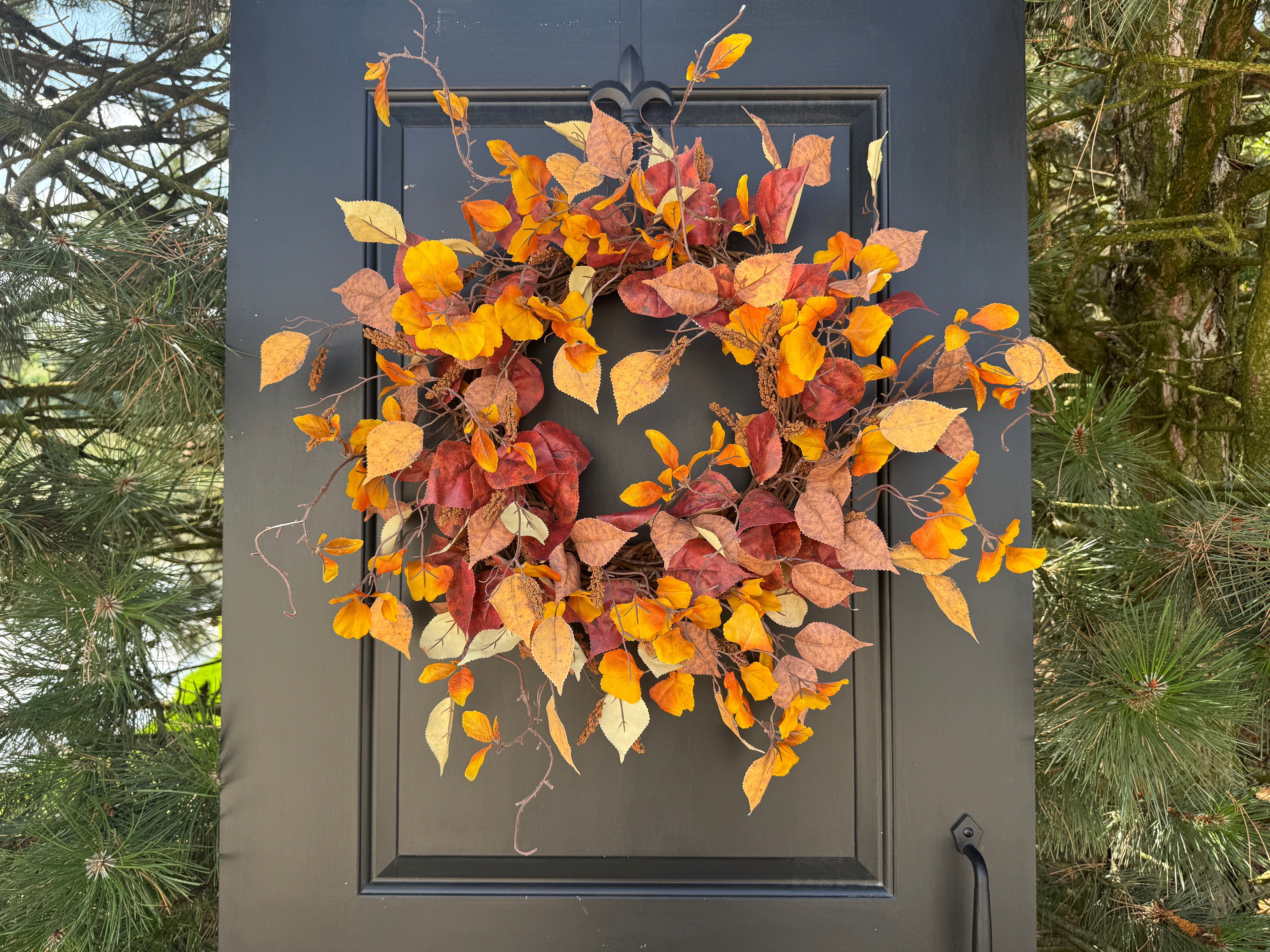 Orange & Red Autumn Leaves Wreath – Rustic Autumn Grapevine Door Decoration - TwoInspireYou