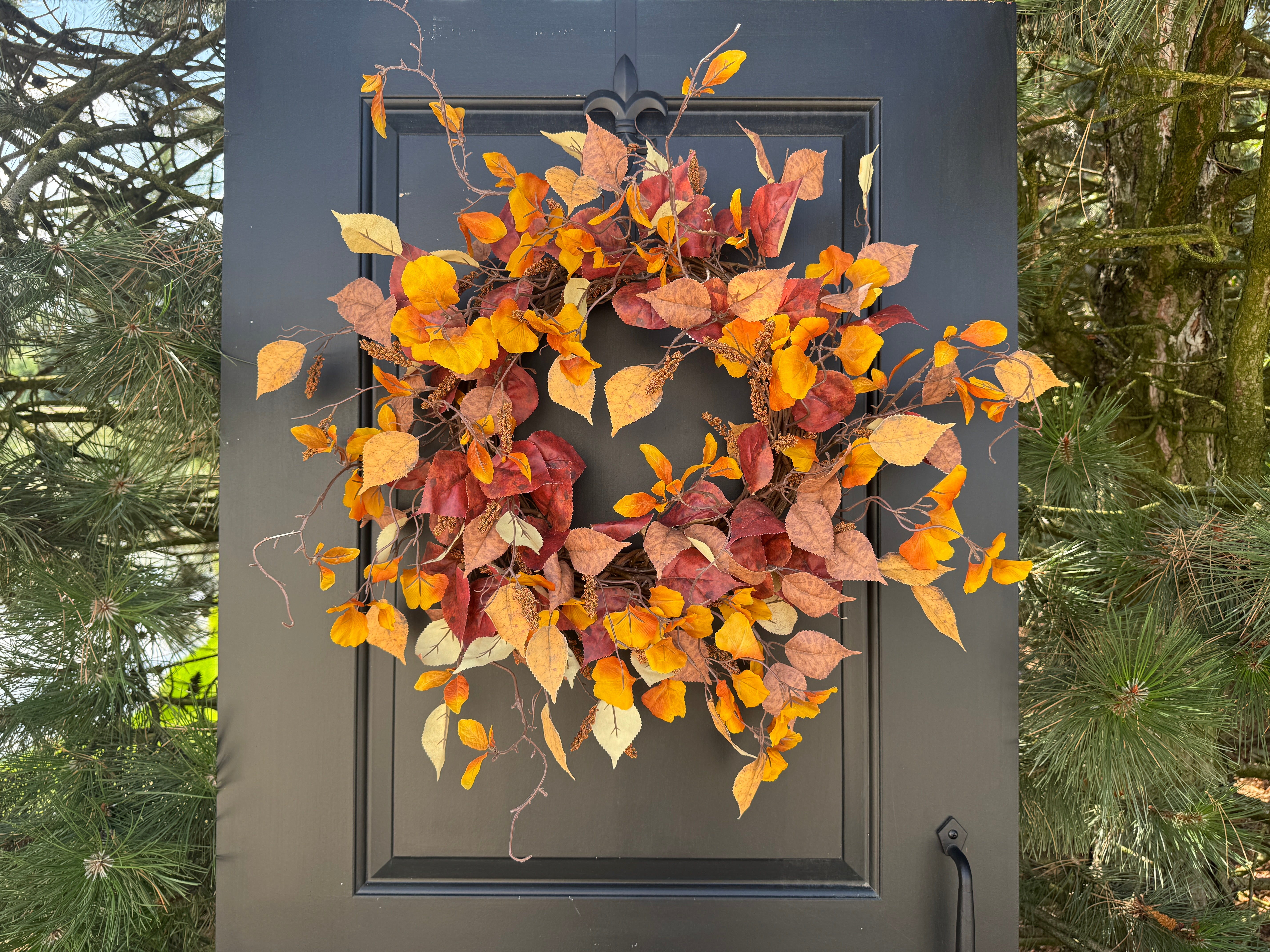 Orange & Red Autumn Leaves Wreath – Rustic Autumn Grapevine Door Decoration - TwoInspireYou