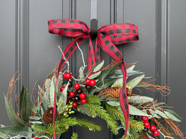 Christmas Wreath with Red Berries, Pinecones & Buffalo Plaid Bow | - TwoInspireYou