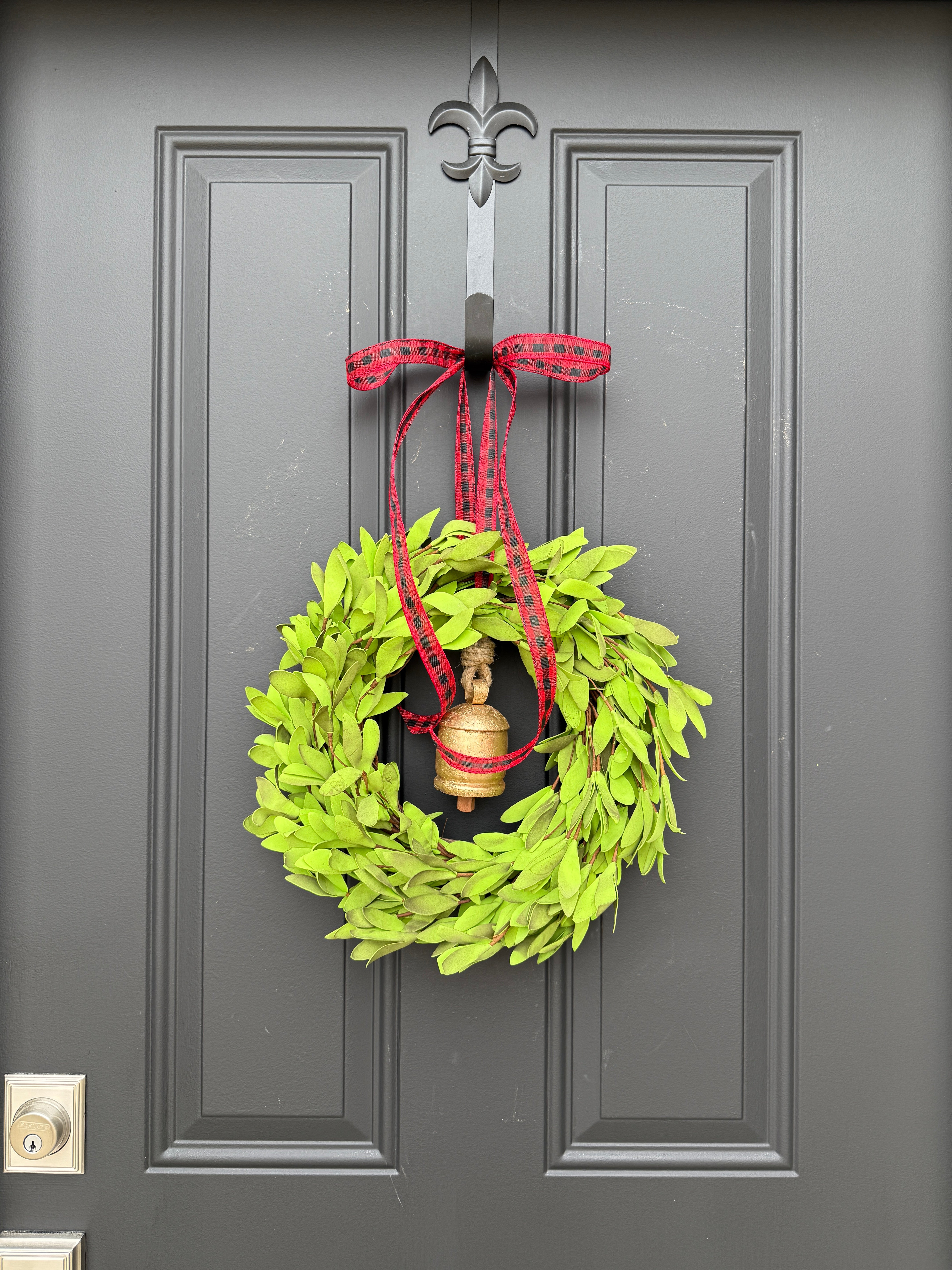 Rustic Boxwood Wreath with Vintage Bell - Boxwood Window Wreath
