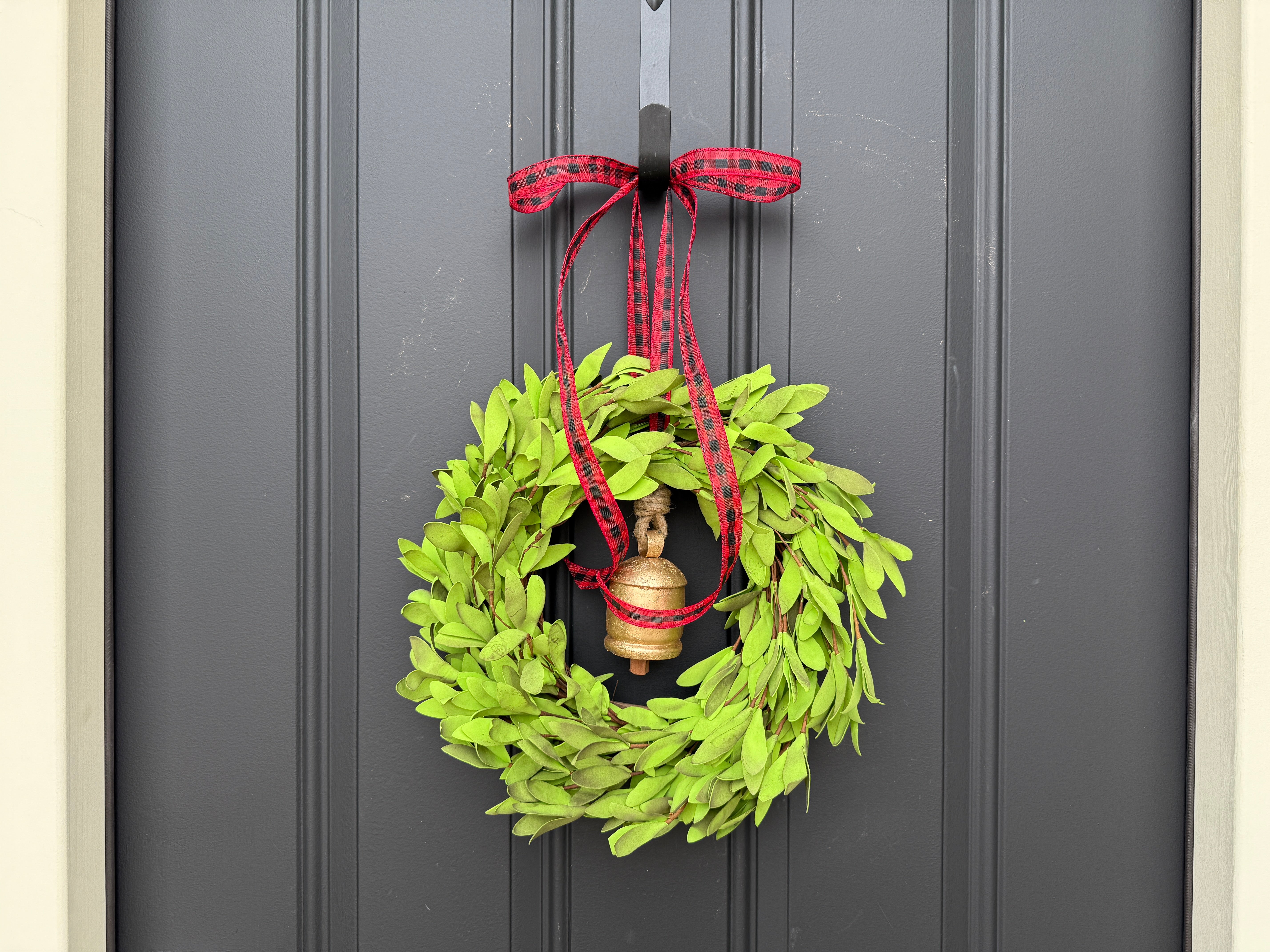 Rustic Boxwood Wreath with Vintage Bell - Boxwood Window Wreath