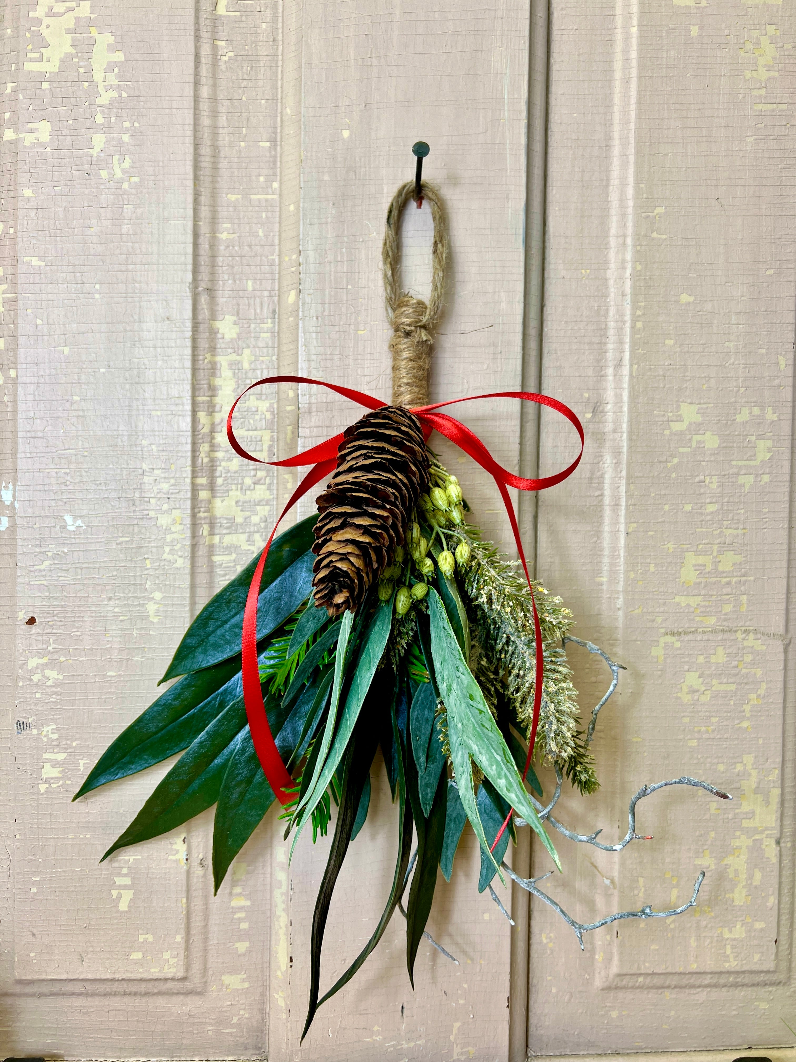 Christmas Bayleaf & Pine Bundle with Red Ribbon – Holiday Hanging Decor