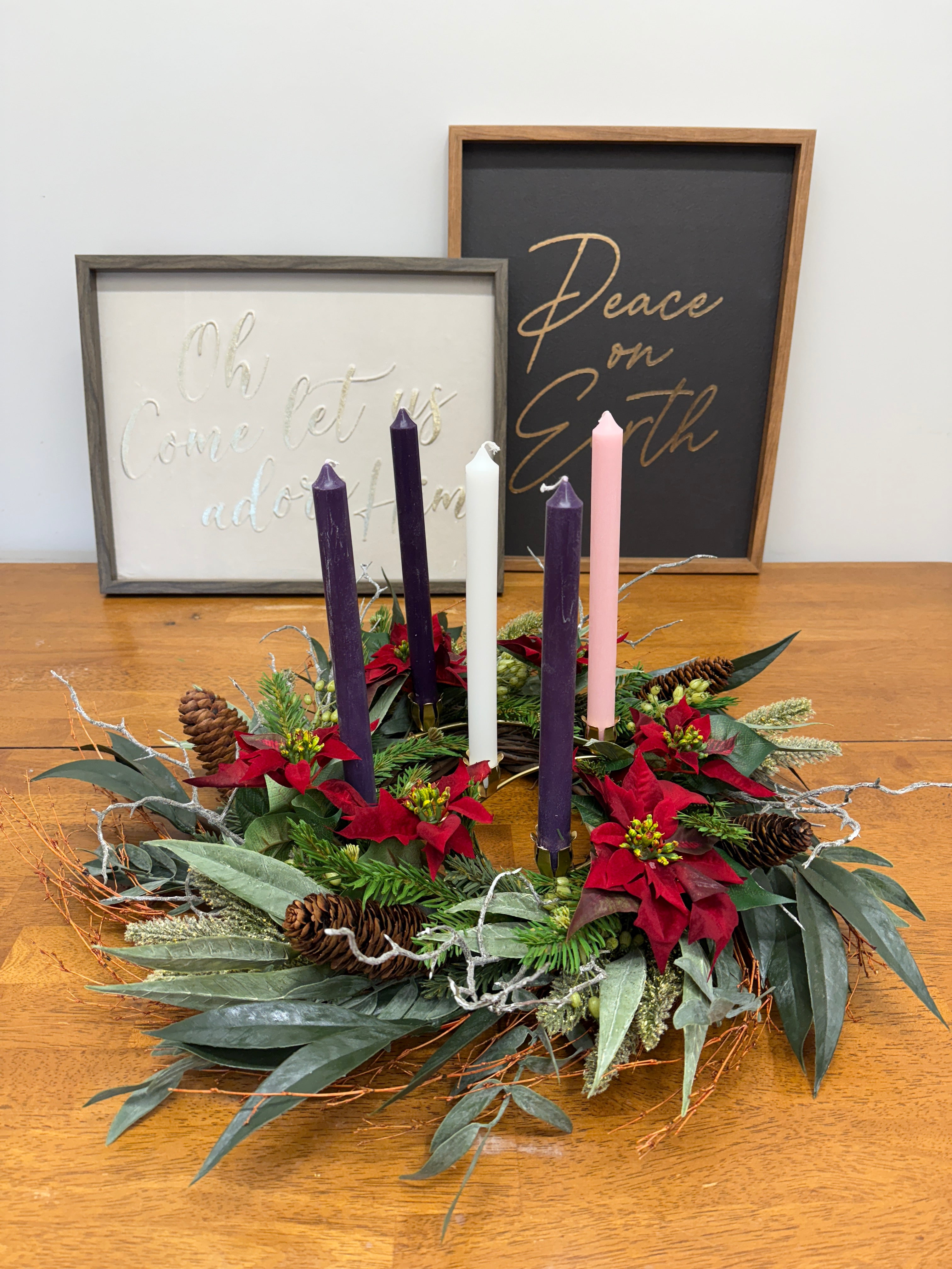 Advent Candle Wreath with Red Poinsettias, Pinecones & Evergreens