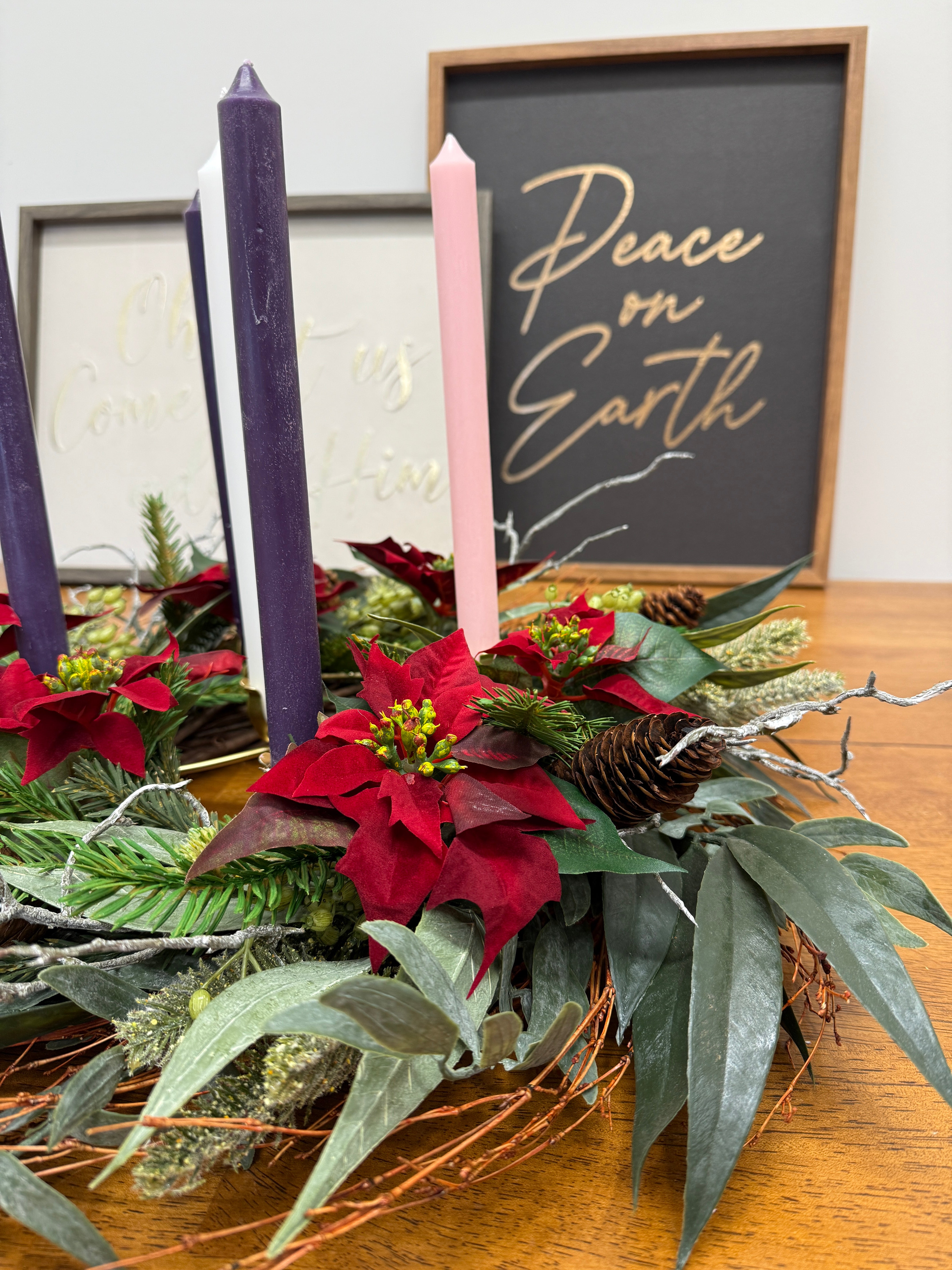 Advent Candle Wreath with Red Poinsettias, Pinecones & Evergreens