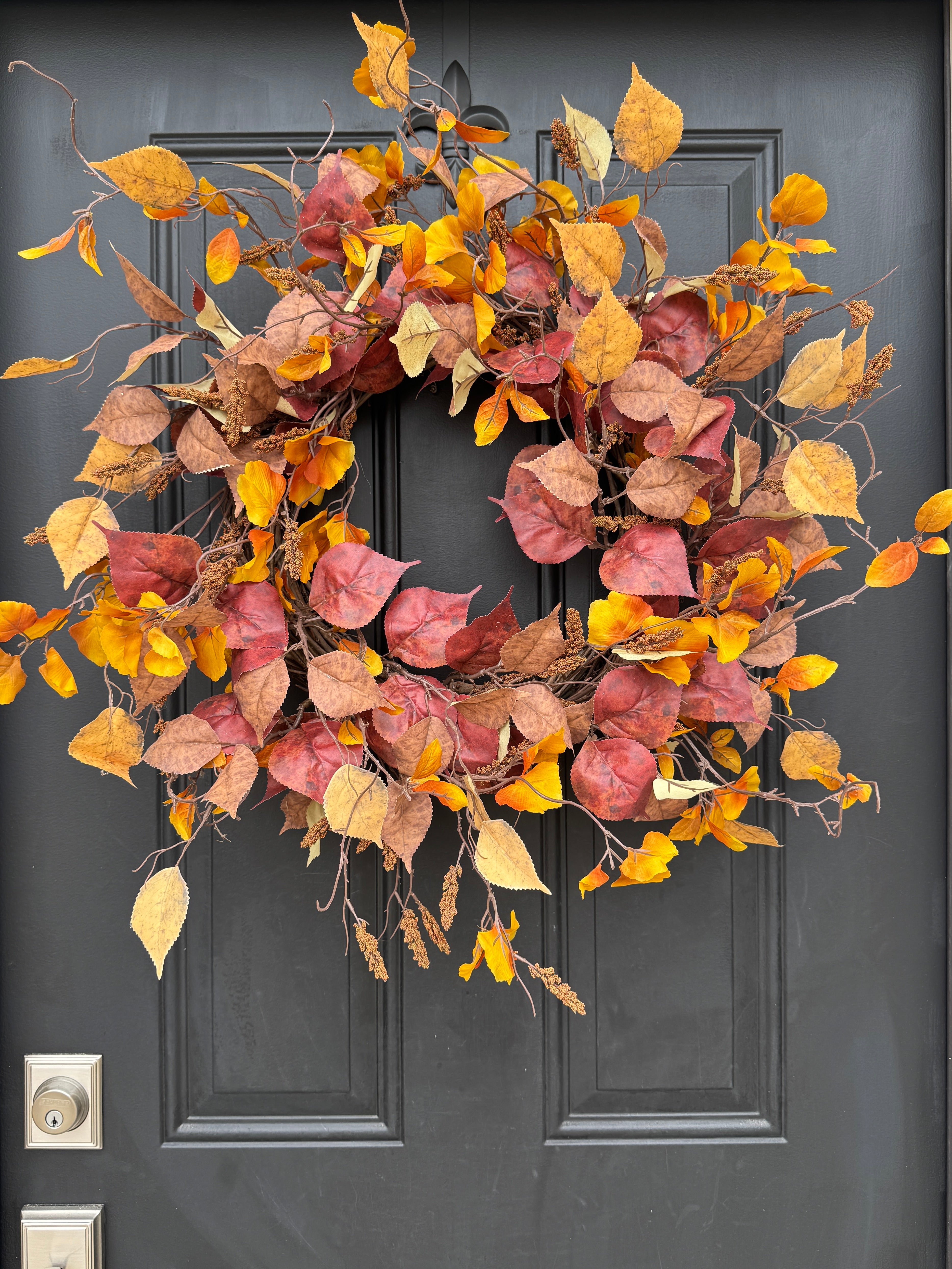 Orange & Red Autumn Leaves Wreath – Rustic Autumn Grapevine Door Decoration