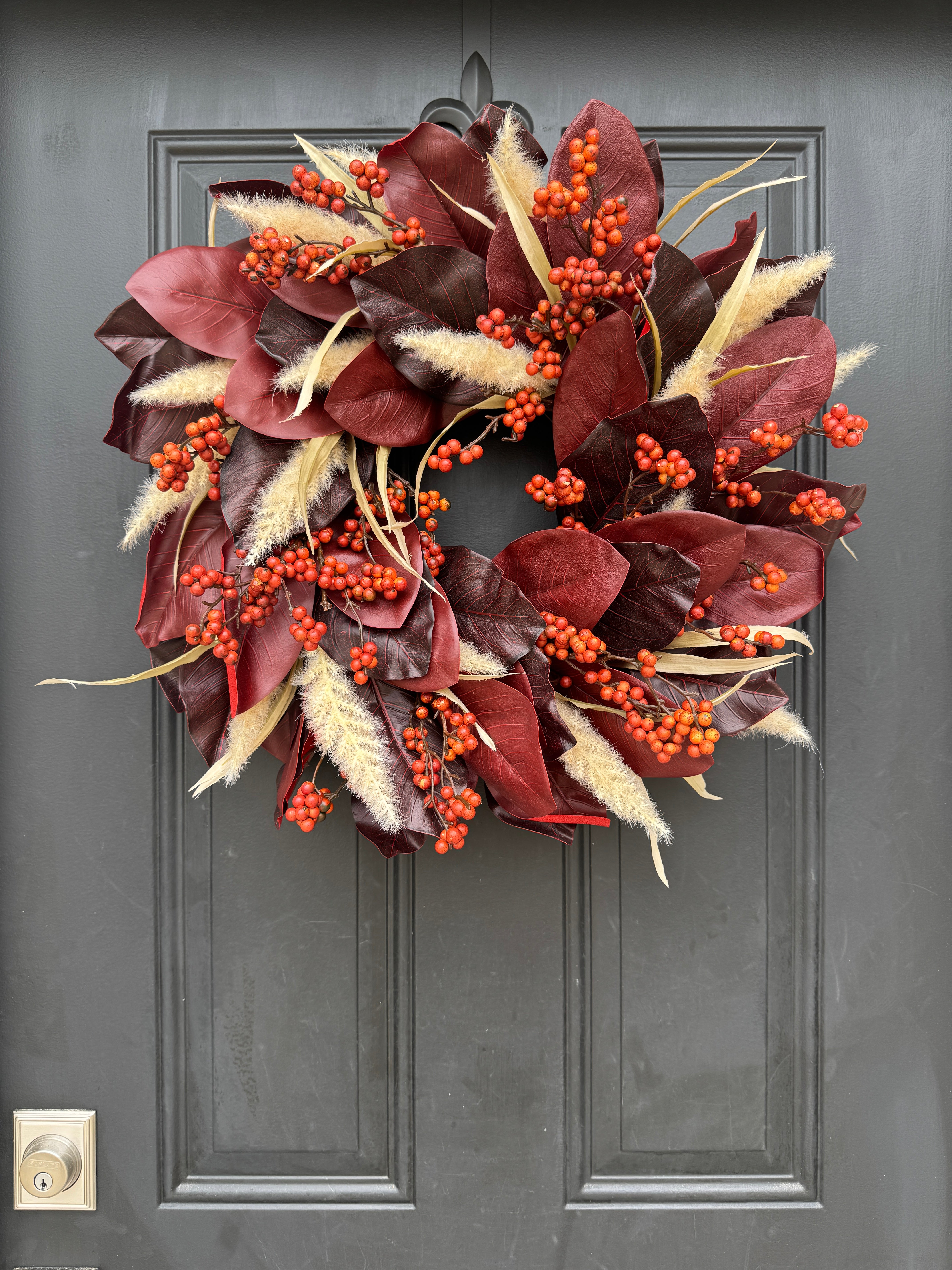 Red Magnolia & Pampas Grass Wreath – Rustic Fall Front Door Decoration - TwoInspireYou