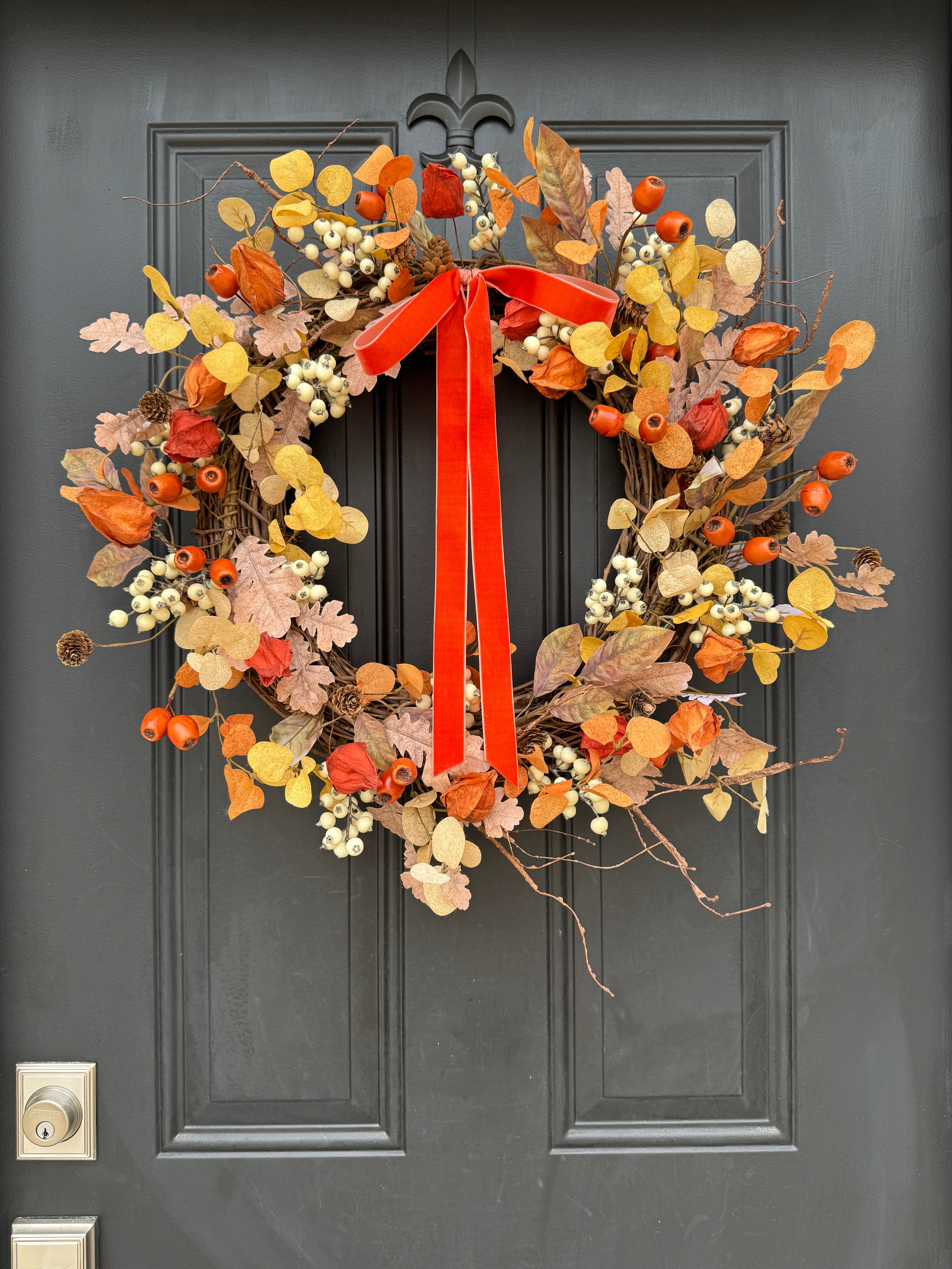 Rustic Fall Wreath with Orange Pods, Berries & Autumn Oak Leaves