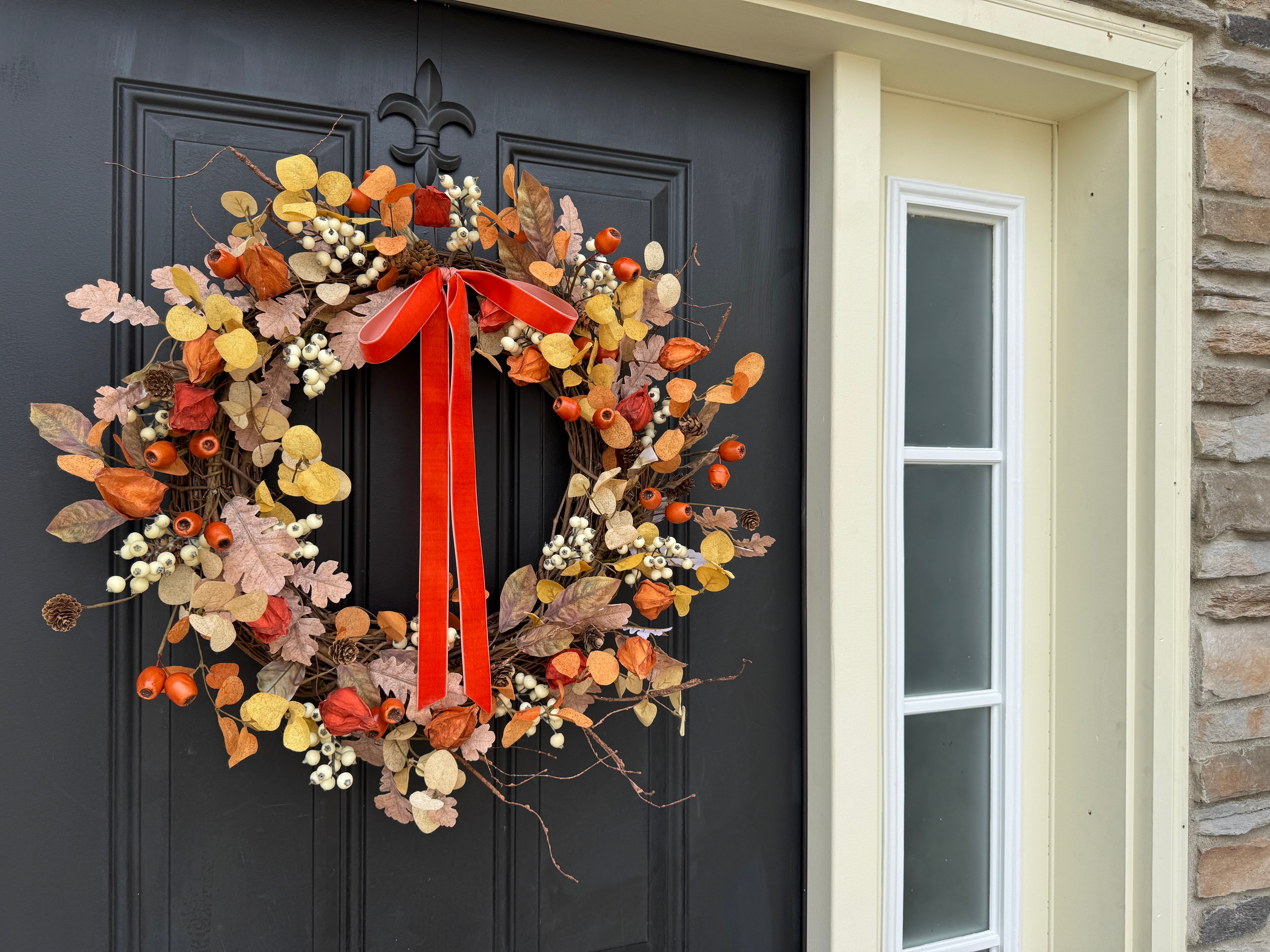 Rustic Fall Wreath with Orange Pods, Berries & Autumn Oak Leaves