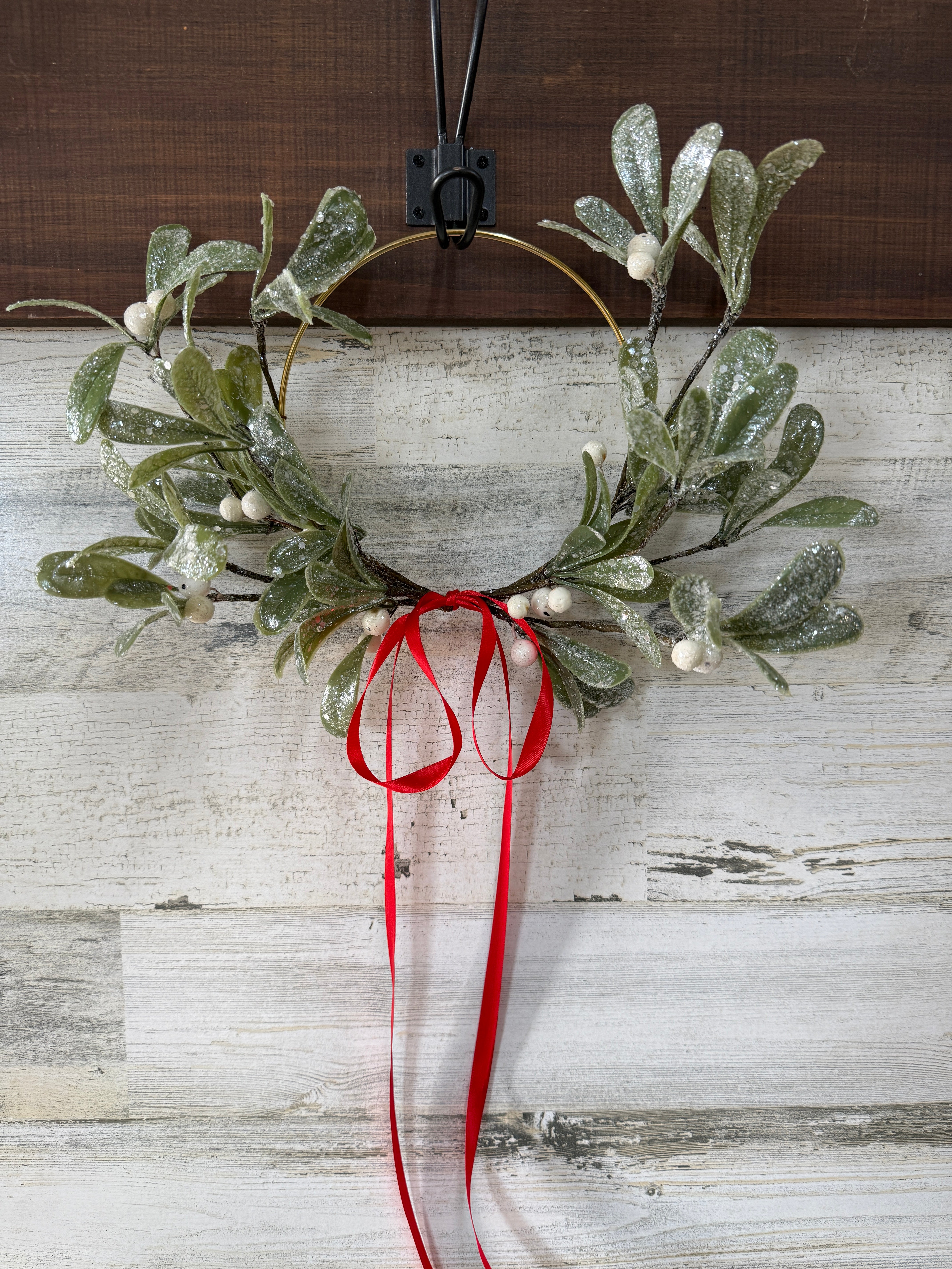 Sweet Mistletoe Hoop Wreath with Red Ribbon | Holiday Window Décor