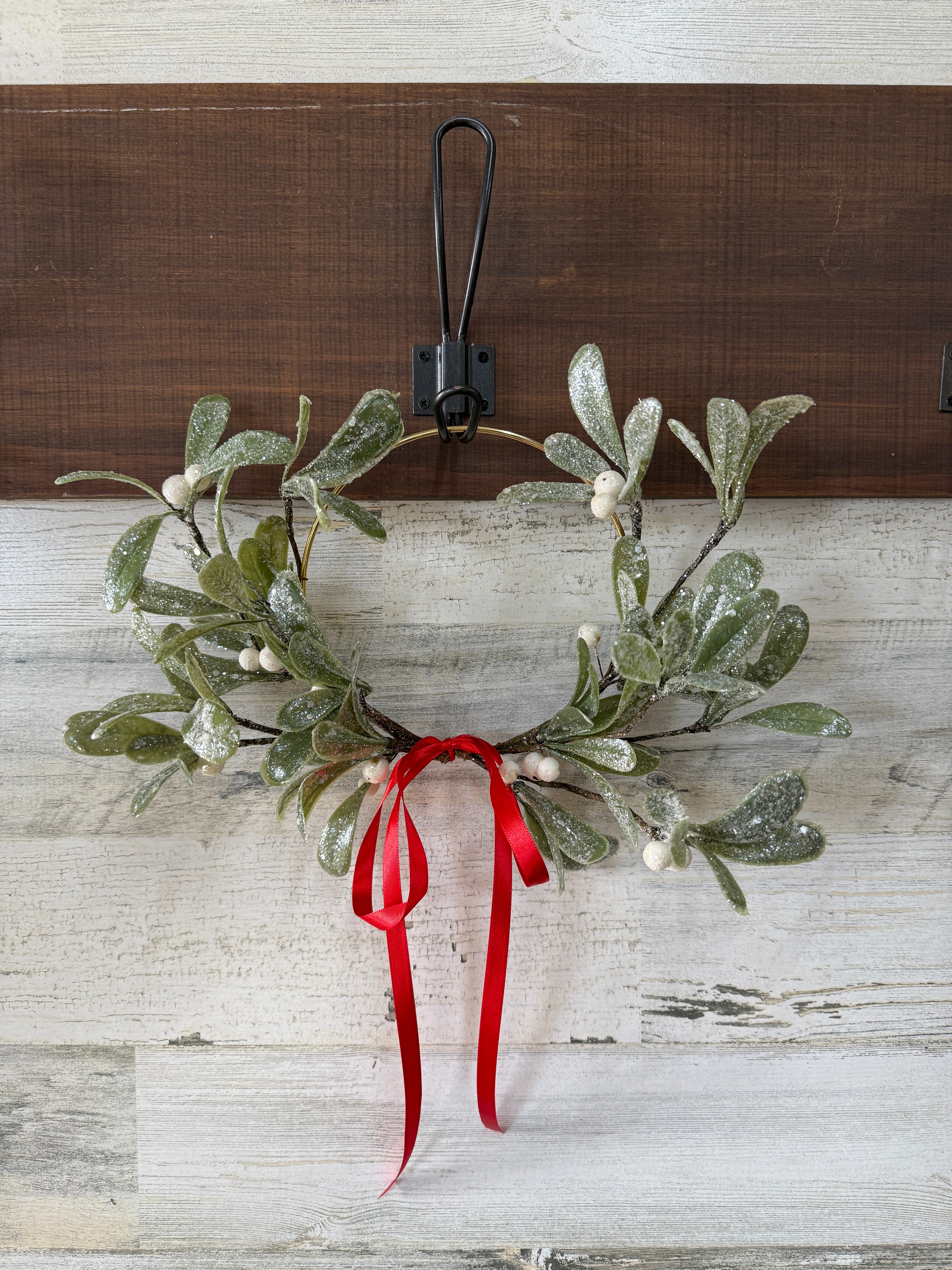 Sweet Mistletoe Hoop Wreath with Red Ribbon | Holiday Window Décor