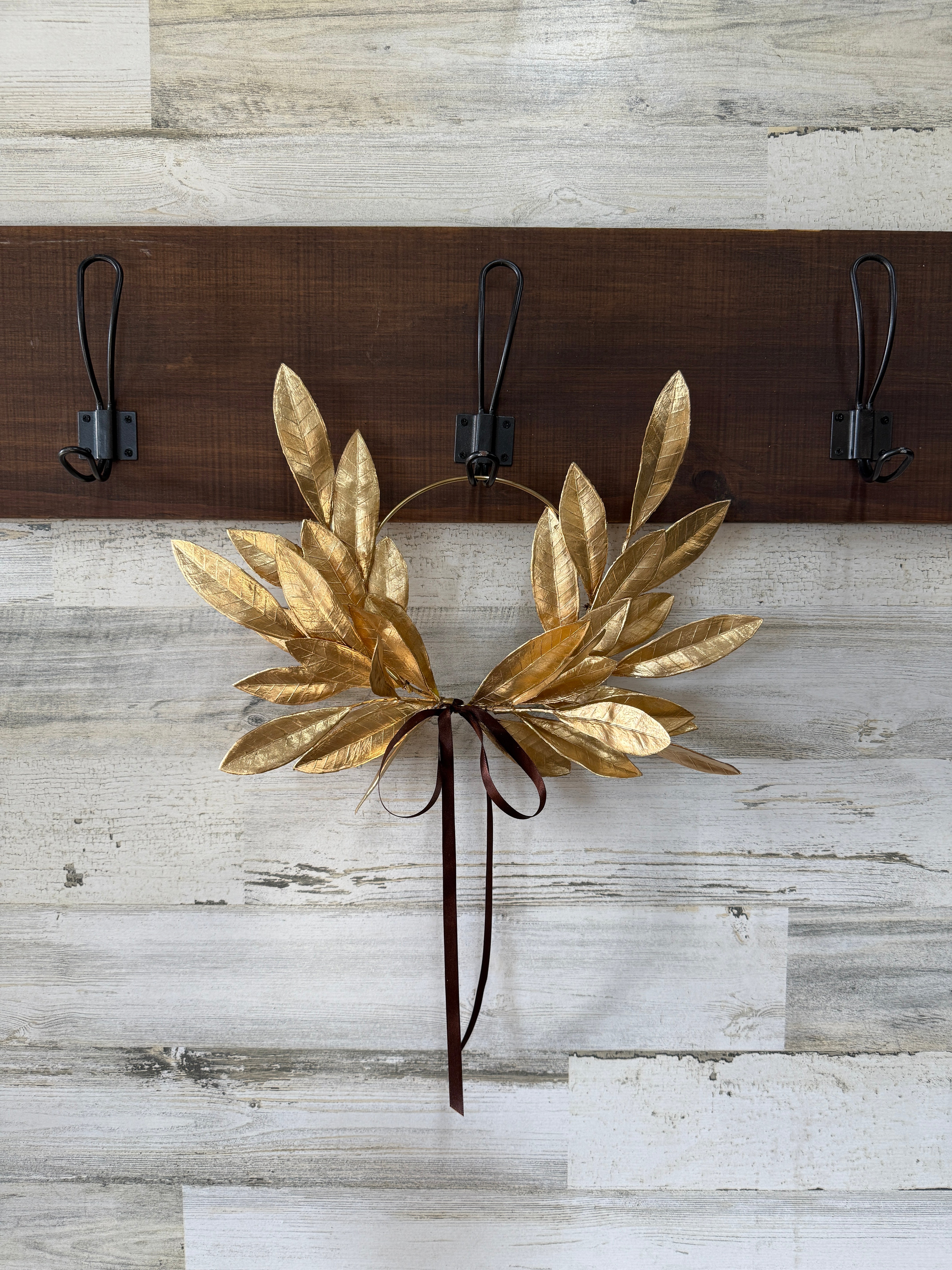 Gold Bay Leaf Hoop Wreath with Chocolate Velvet Ribbon | Window Decor