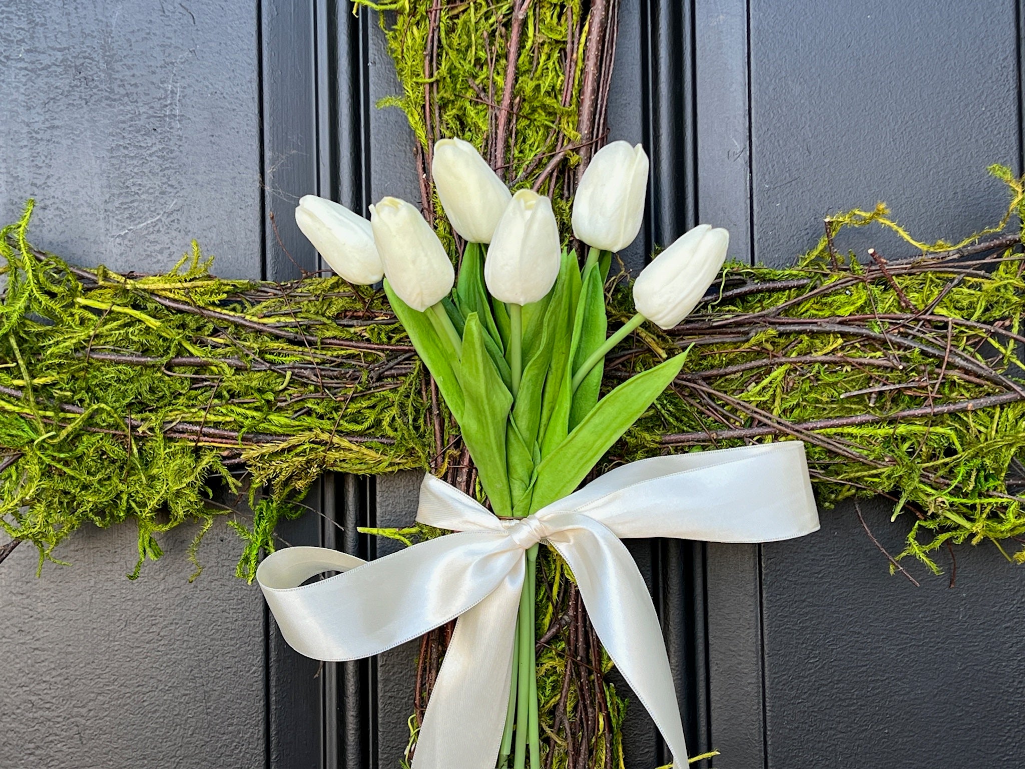 Real Touch Tulip Easter Cross Wreath - White