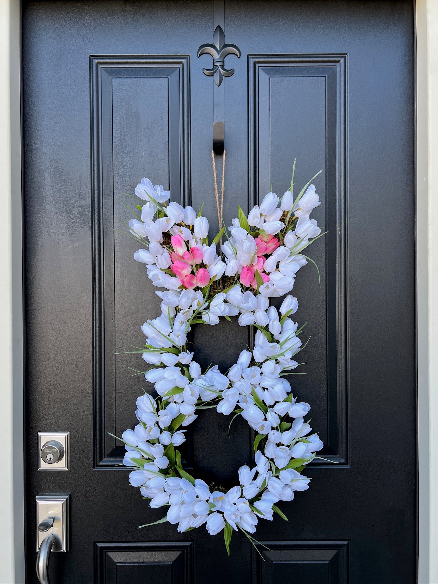 Whimsical Pink Ear Easter Bunny Tulip Door Wreath
