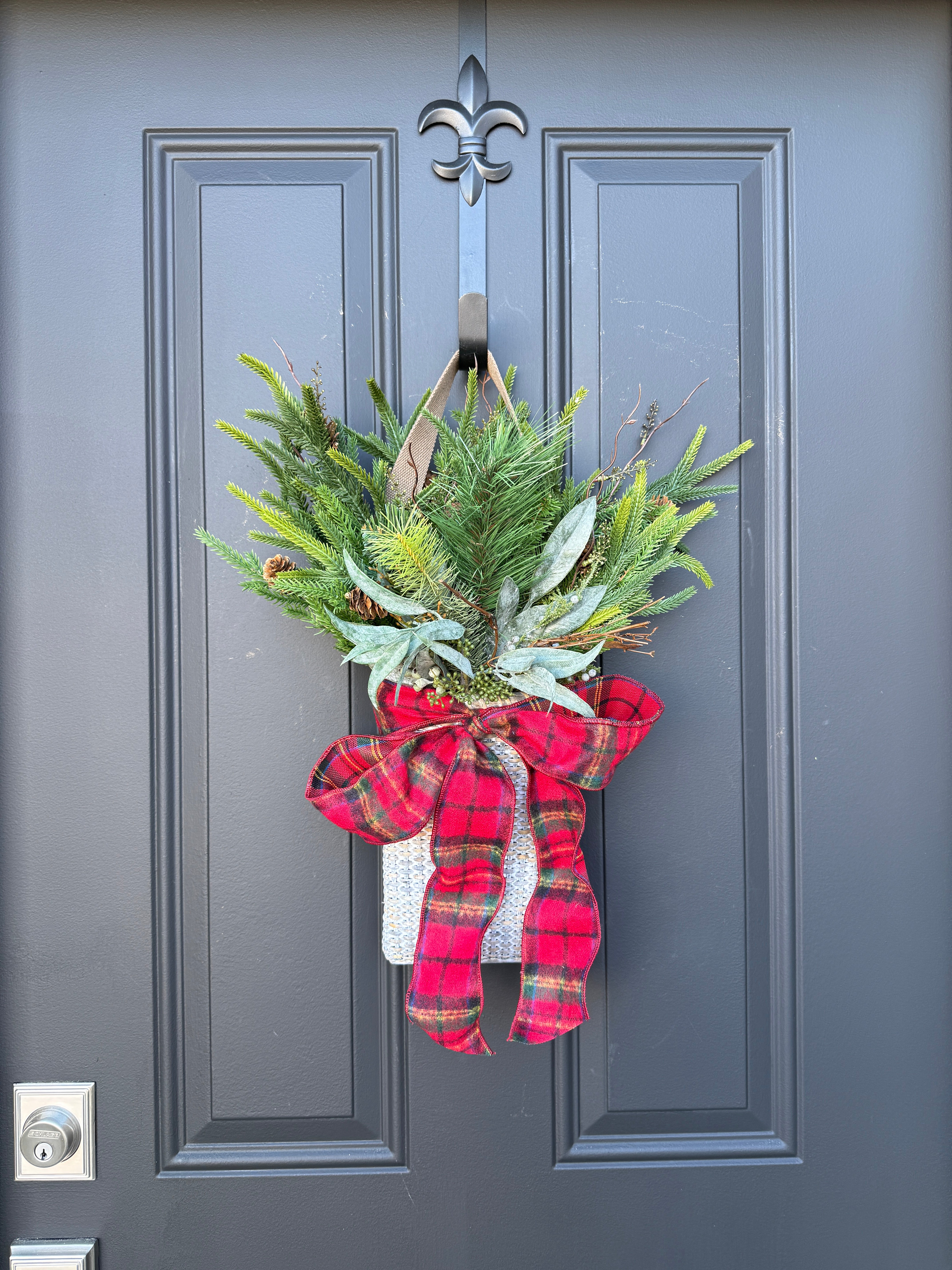 Christmas Door Basket with Plaid Bow | Evergreen Holiday Decor