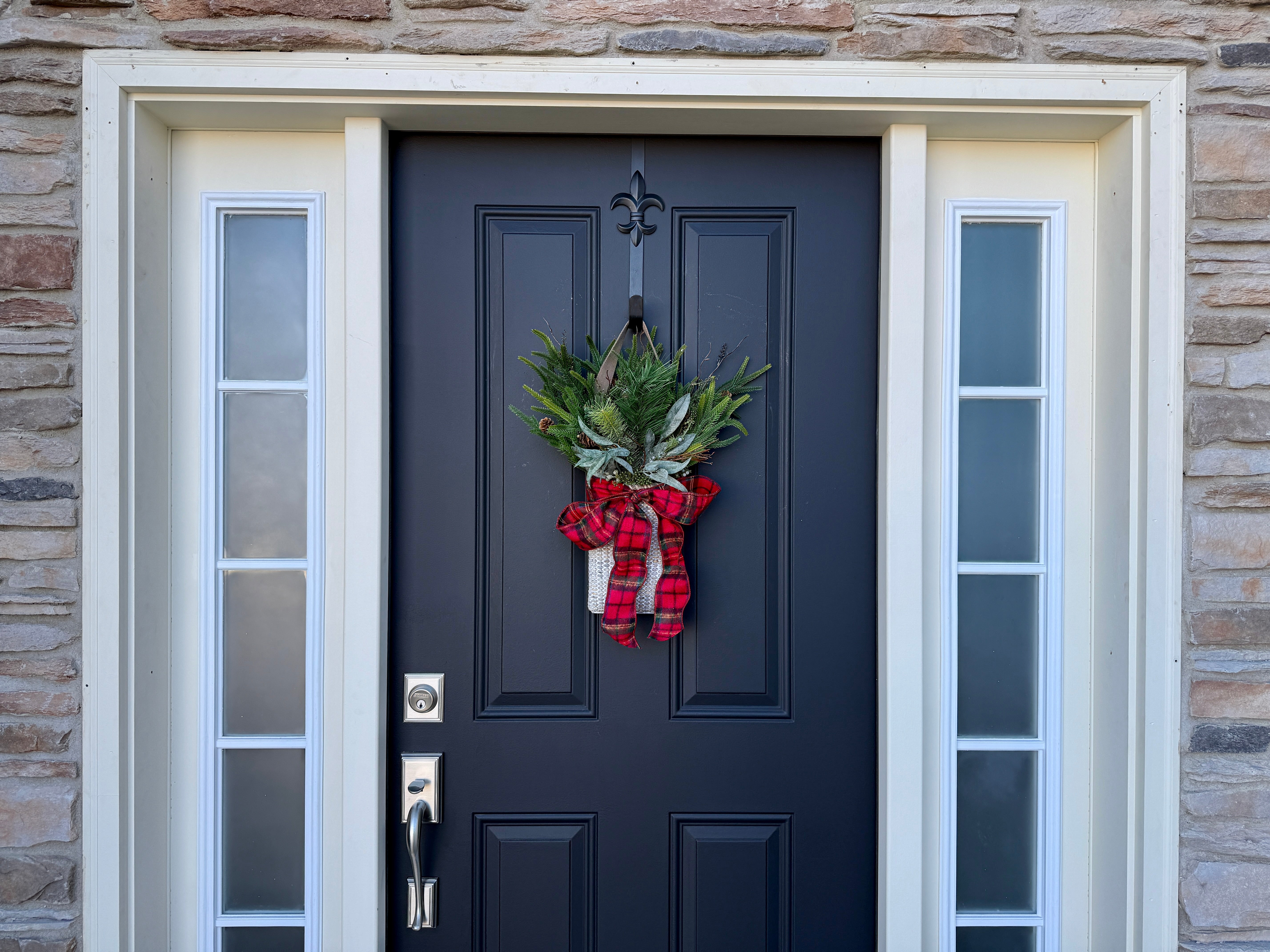 Christmas Door Basket with Plaid Bow | Evergreen Holiday Decor