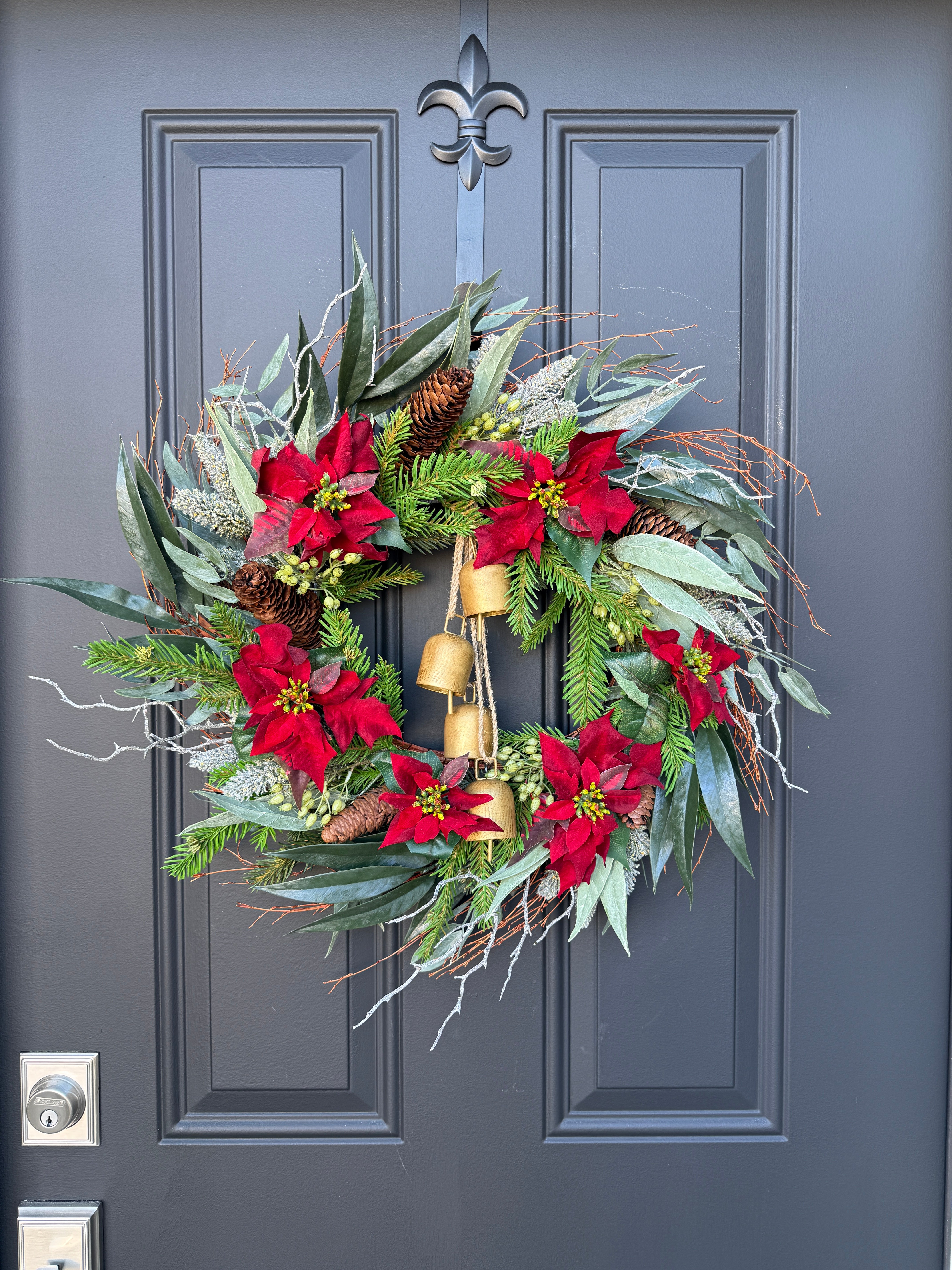 Christmas Wreath with Poinsettias, Pinecones & Gold Bells